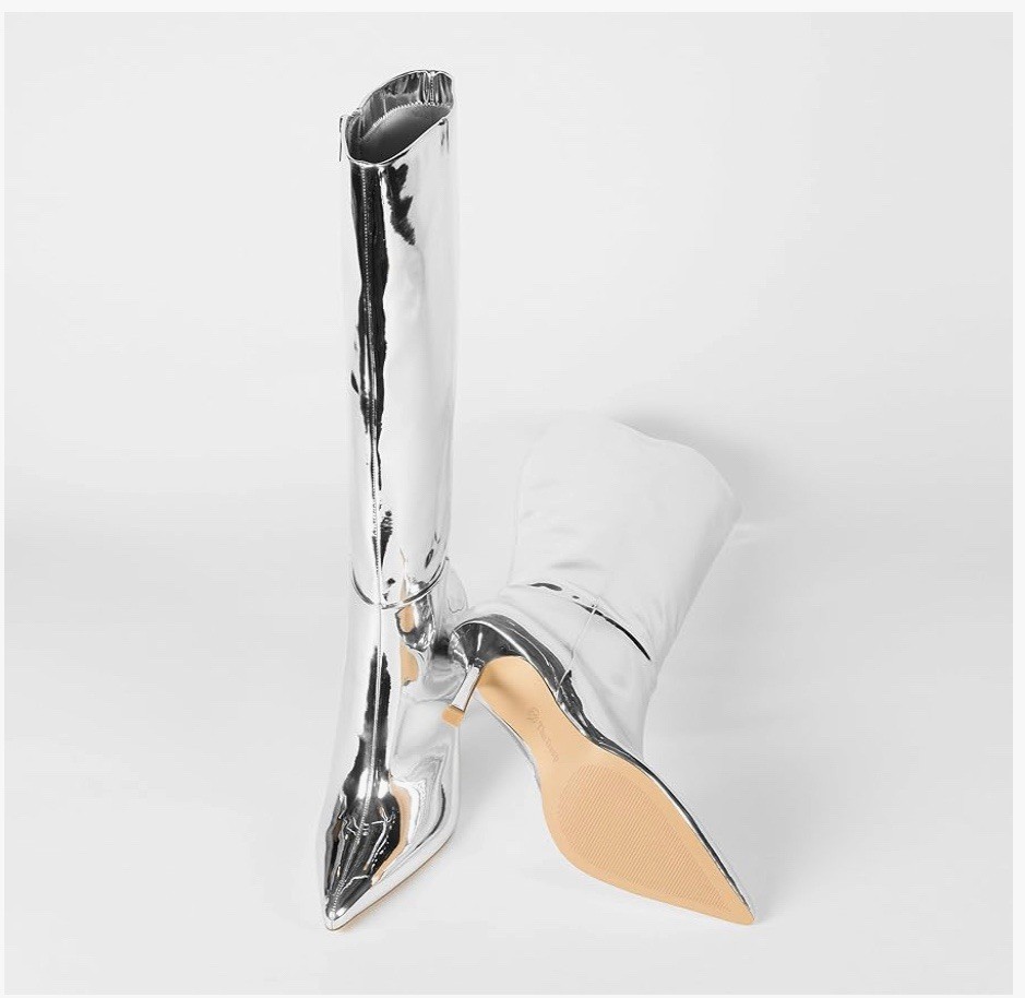 Mirror Silver Knee High 3.6” Stiletto Heel NIB, The Drop Size 8.5