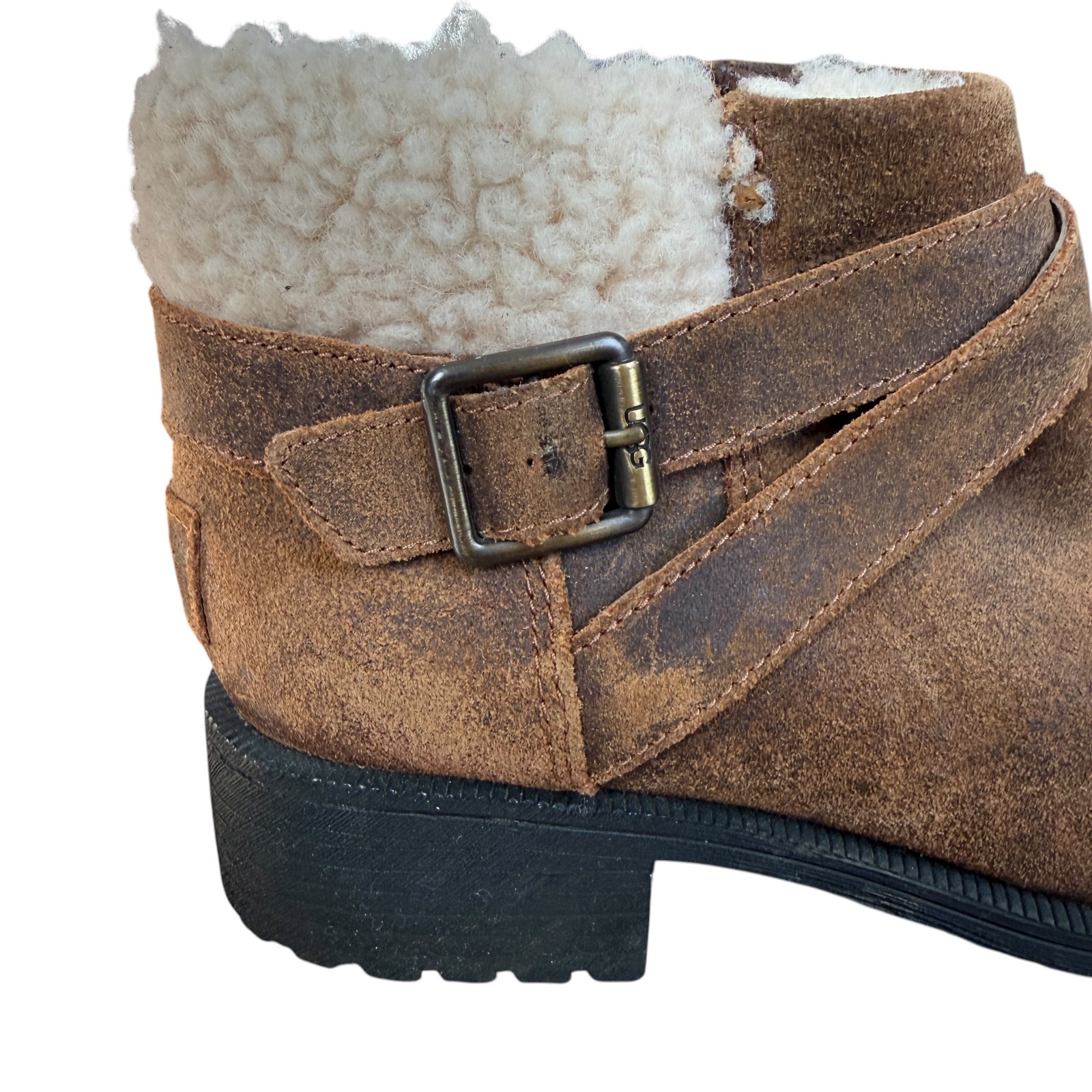 UGG Benson II waterproof ankle boot in brown leather buckle strap curly wool 6.5