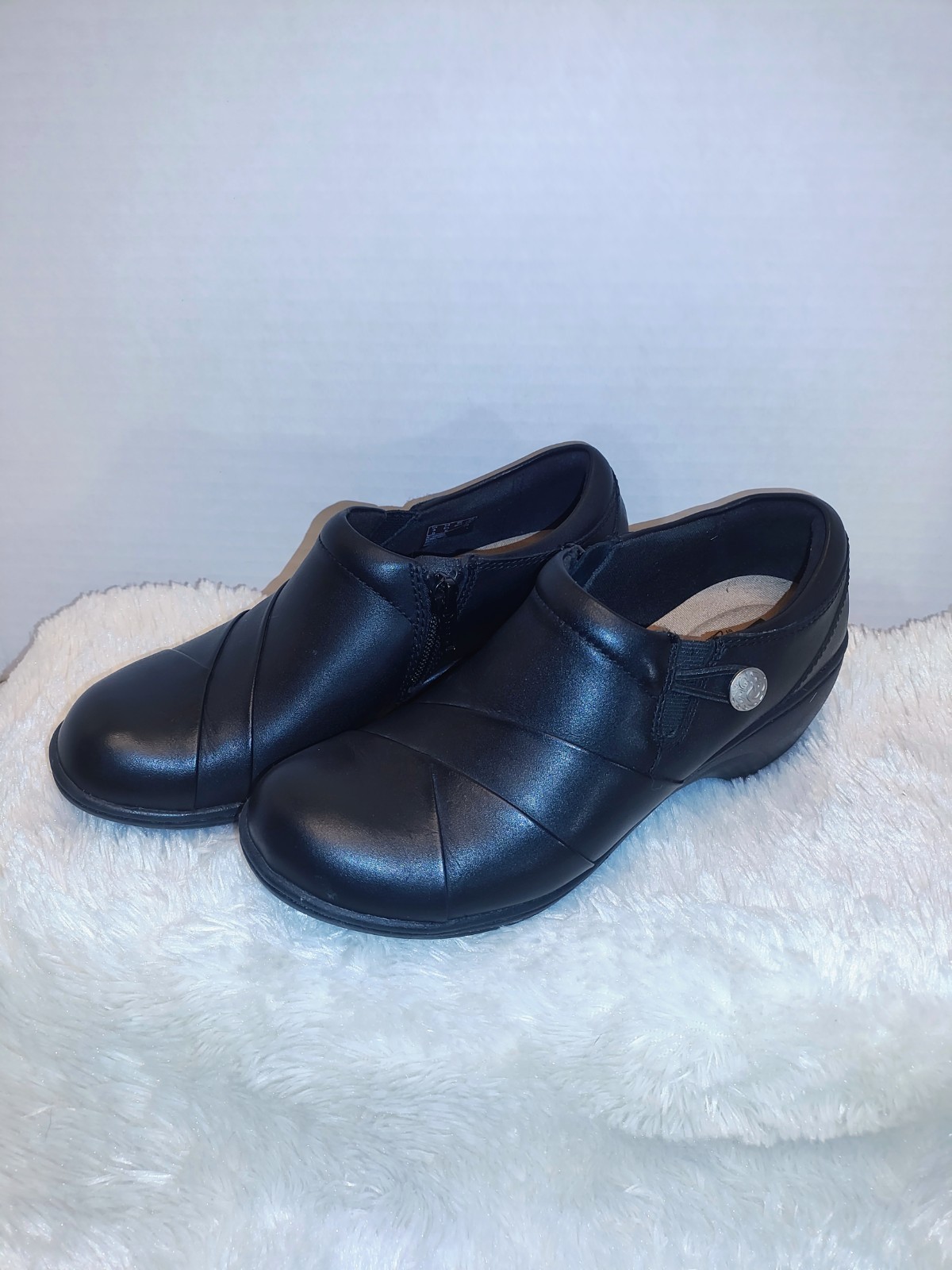Clarks Collection Cushion Soft Black Leather Slip-On Wedge Comfort Women’s 5.5M
