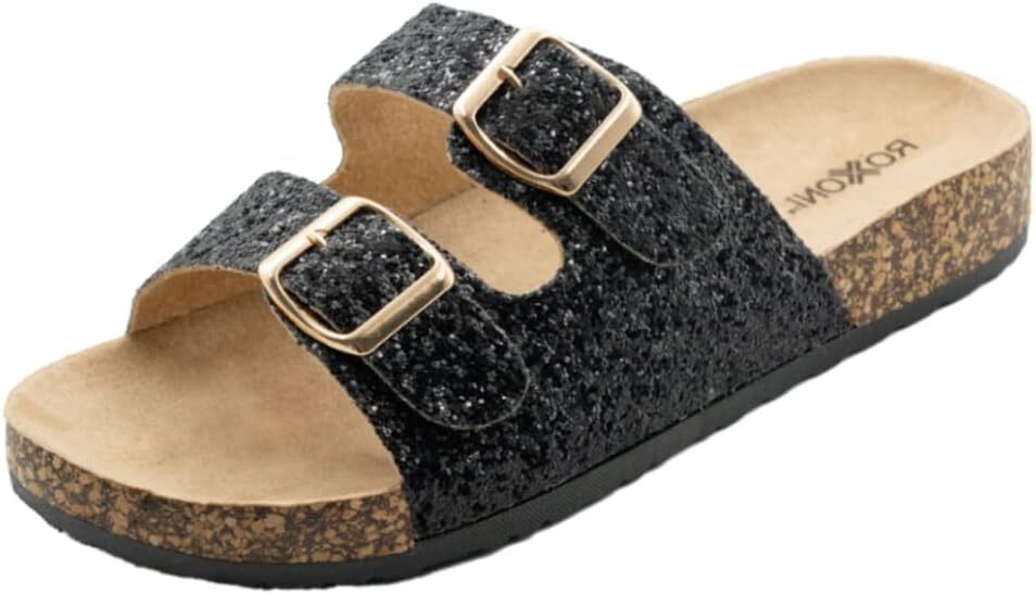 Very Peri Womens Glitters Comfort Flat Sandals Double Buckle Straps Flat Slides