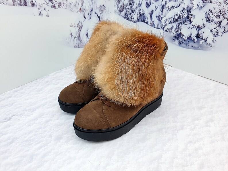 Real fox brown suede demi ankle platform boots for women