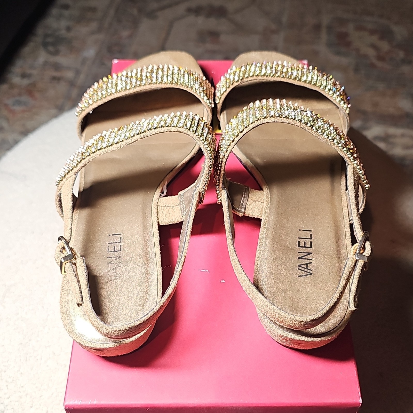 Vaneli Women’s Strappy Ankle Strap Buckle Suede Rhinestone Sandals Beige 9.5 N