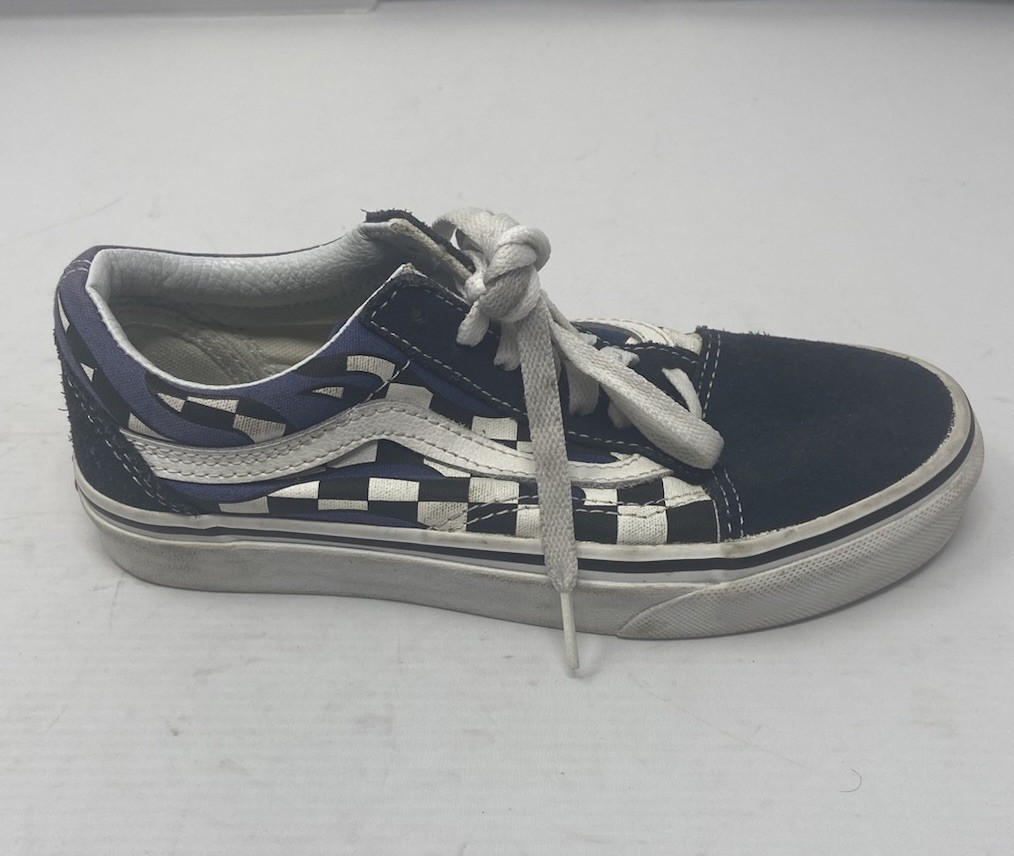 Vans Old Stool Women 5 Men 3.5 Youth Size Black Checkerboard Flames Skateboard