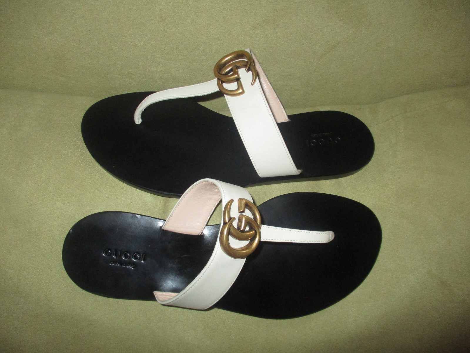 $680 Gucci Double GG Marmont T Strap Thong Slip On Sandals Cream 36.5 US 6.5 NEW