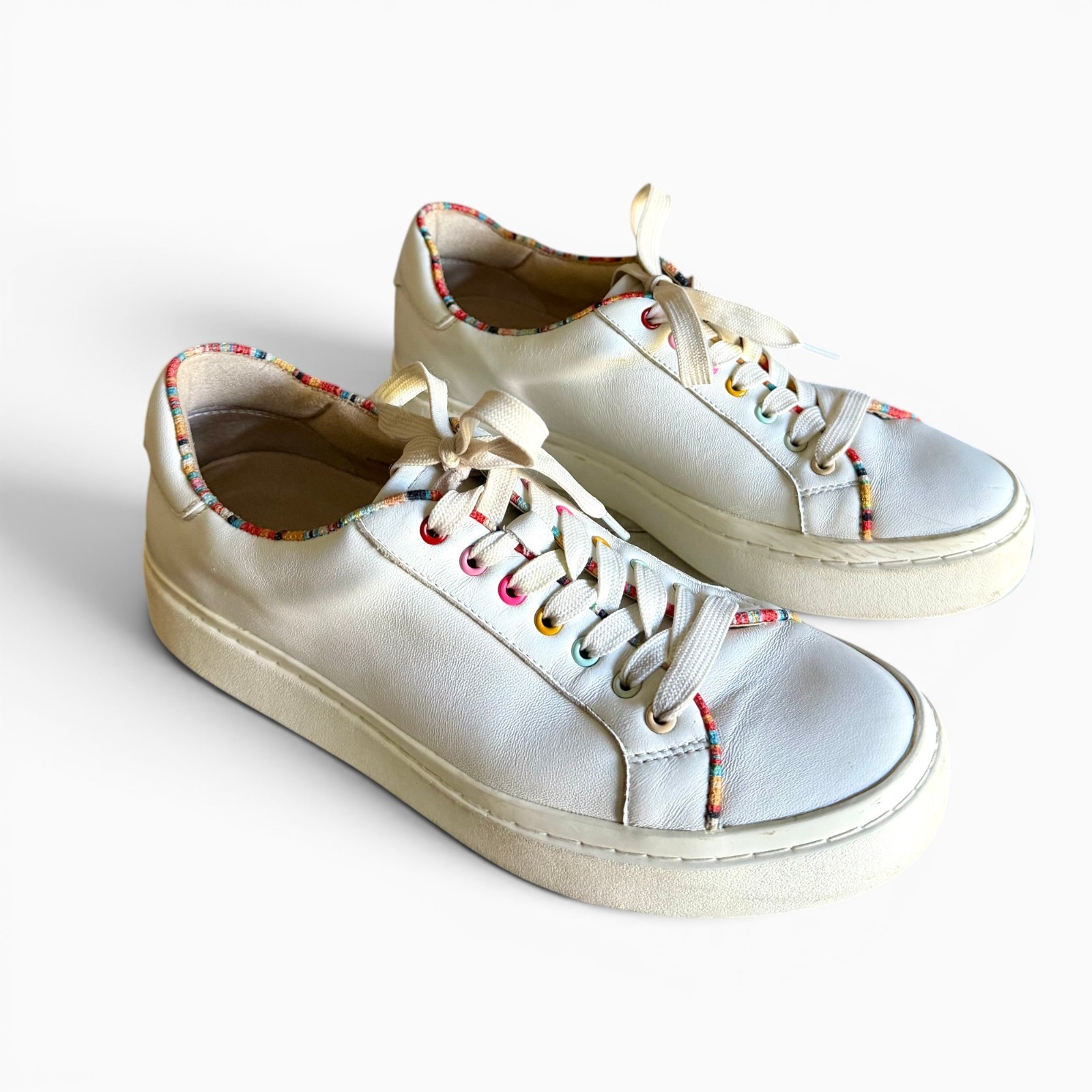 Size 8.5 Womens; VANELI Sport White Leather Sneakers with Colorful Trim