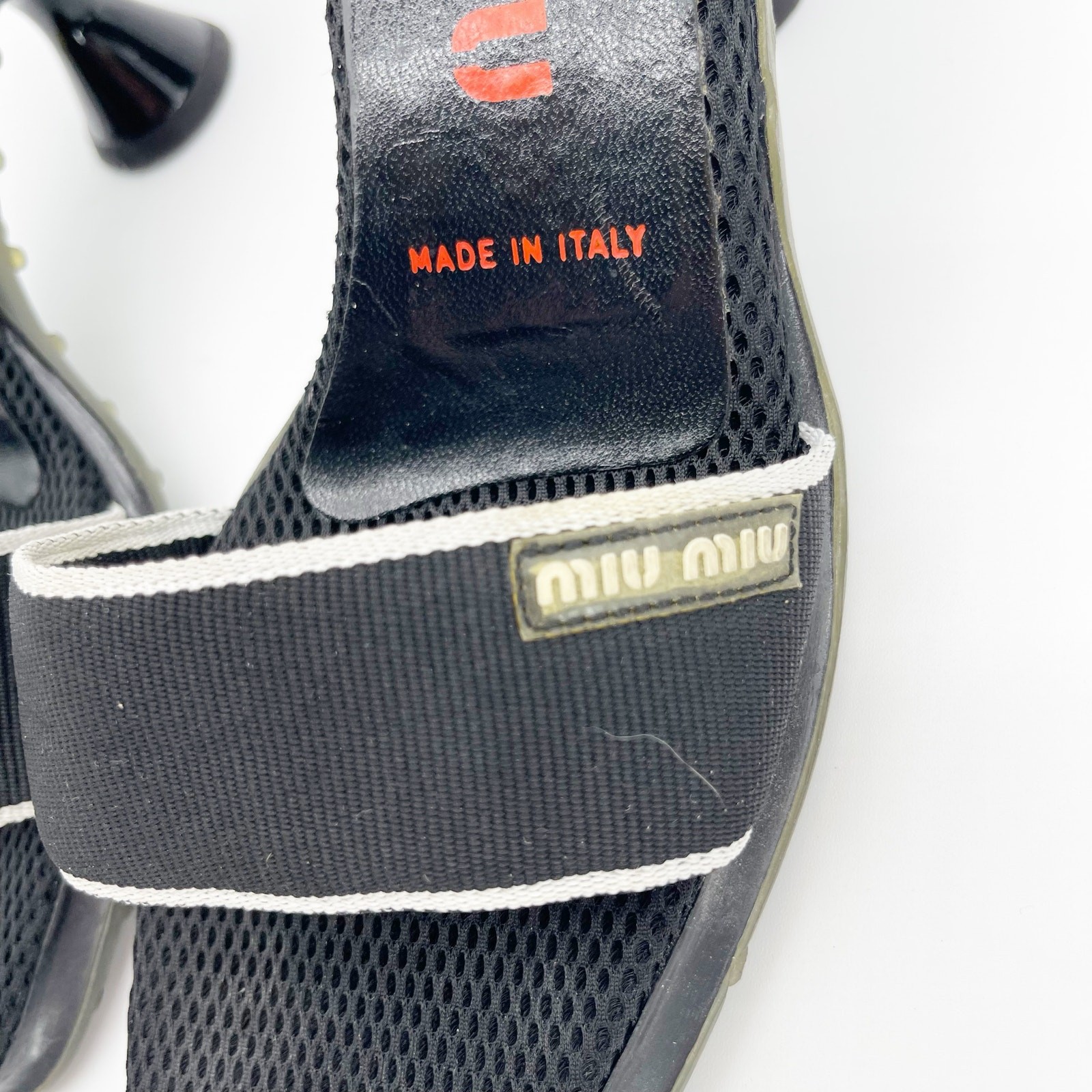 Miu Miu 90s y2k Black Mesh Logo Bubble Sole Kitten Heel Mules Slides IT 36.5