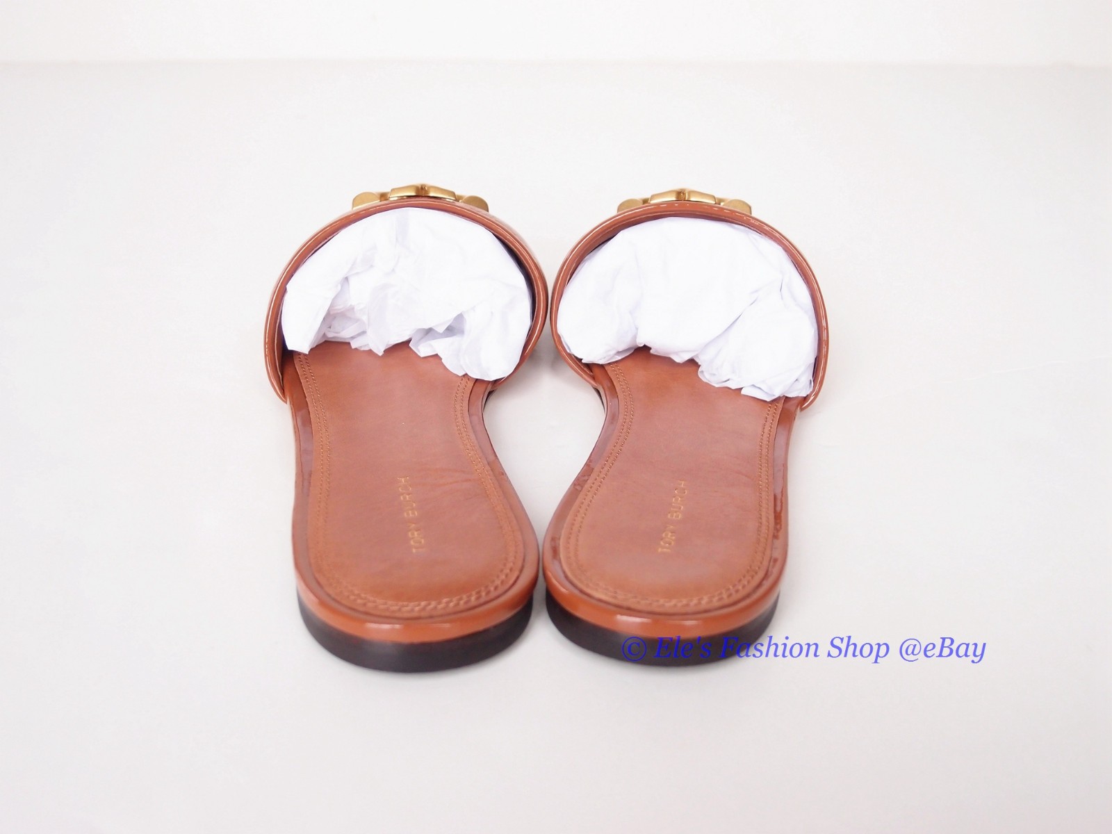NIB Tory Burch Eleanor Leather Slides Bourbon Brown Tan US 8 8.5 9 AUTHENTC