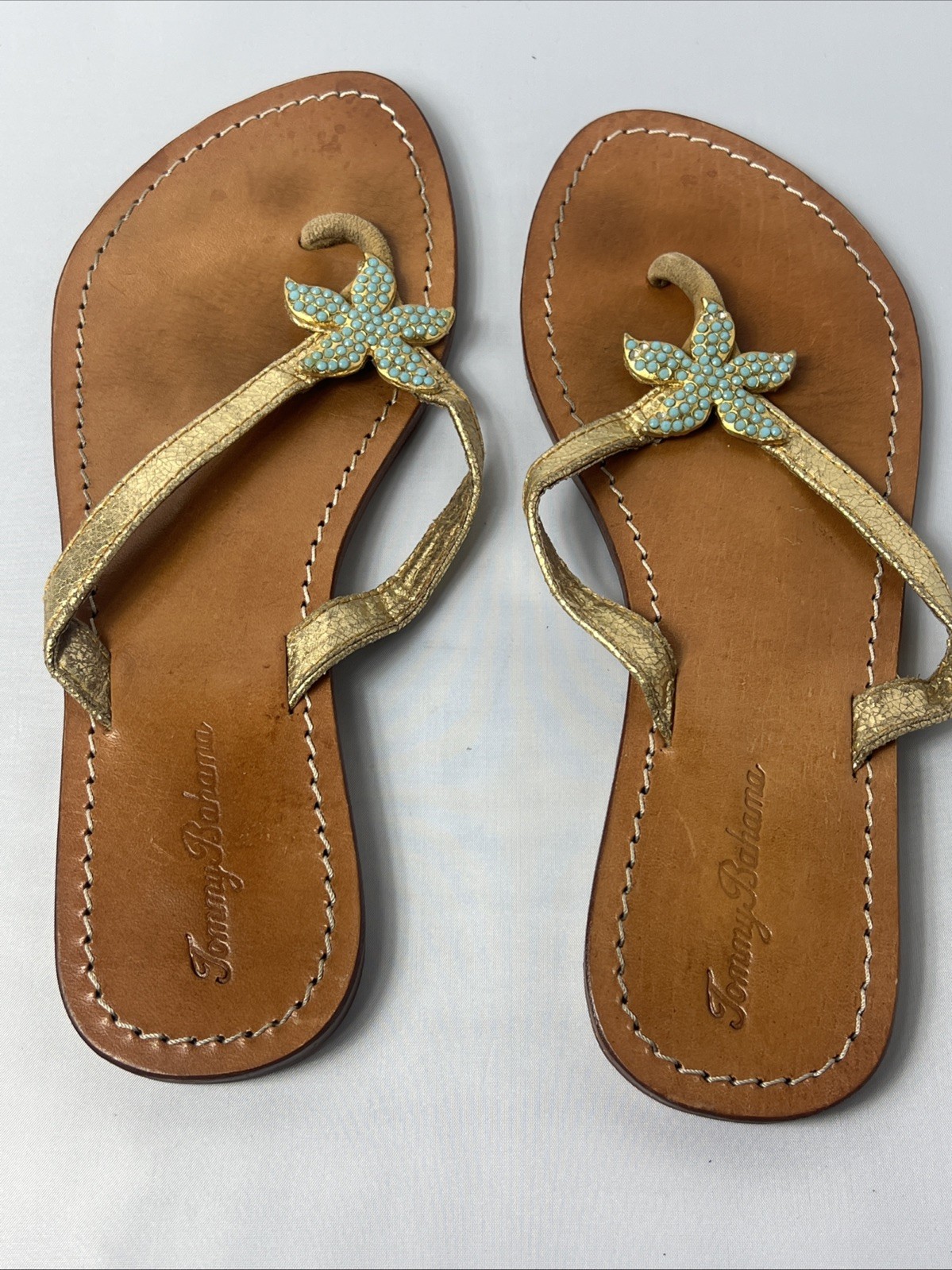 Tommy Bahama Sandals Beaded Blue & Gold Starfish Nautical Flip Flops Sz 9
