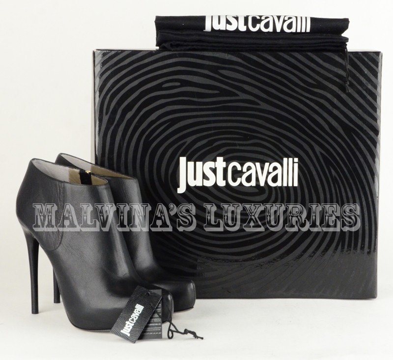 JUST CAVALLI BY ROBERTO CAVALLI ANKLE BOOTS BLACK LEATHER PLATFORM 40 10