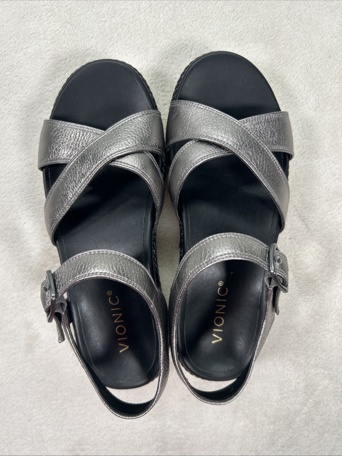 Vionic Women’s Mar Strappy Metallic Silver Leather Platform Sandals Sz 7 Comfort