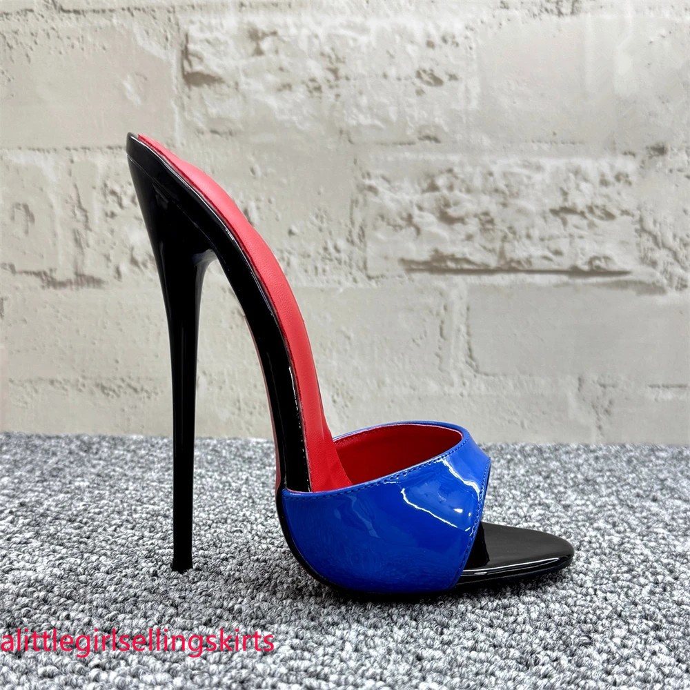 Women 16cm Mules Sexy Stilettos Slippers Patent Leather Summer High Heels Pumps