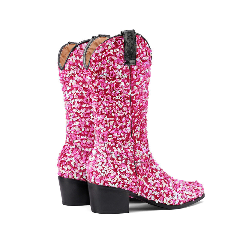 Women’s Glitter Sequins Performance Block Heel Mid Calf Boots Knight Shoes Stage