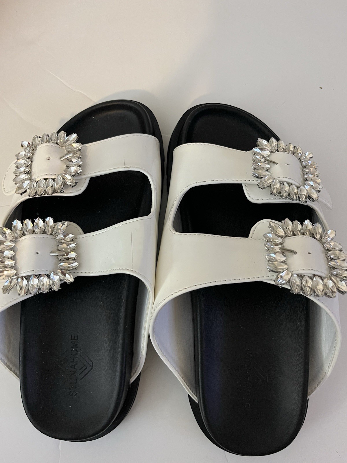 STUNAHOME Women’s White Leather Slide Sandals Rhinestone Buckle Slip-On EU 36