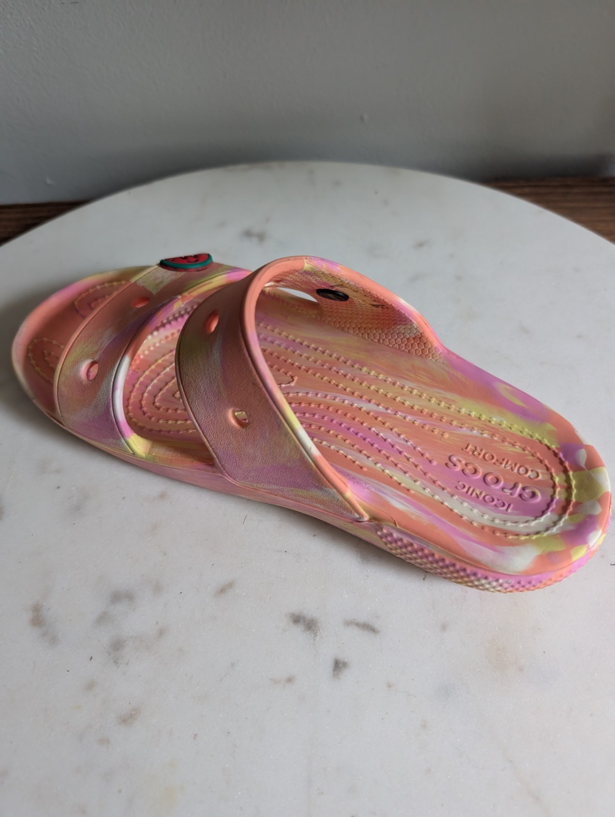 Crocs Iconic Comfort Women’s Slide Sandals Pink Yellow Marble Jibbitz Size W7