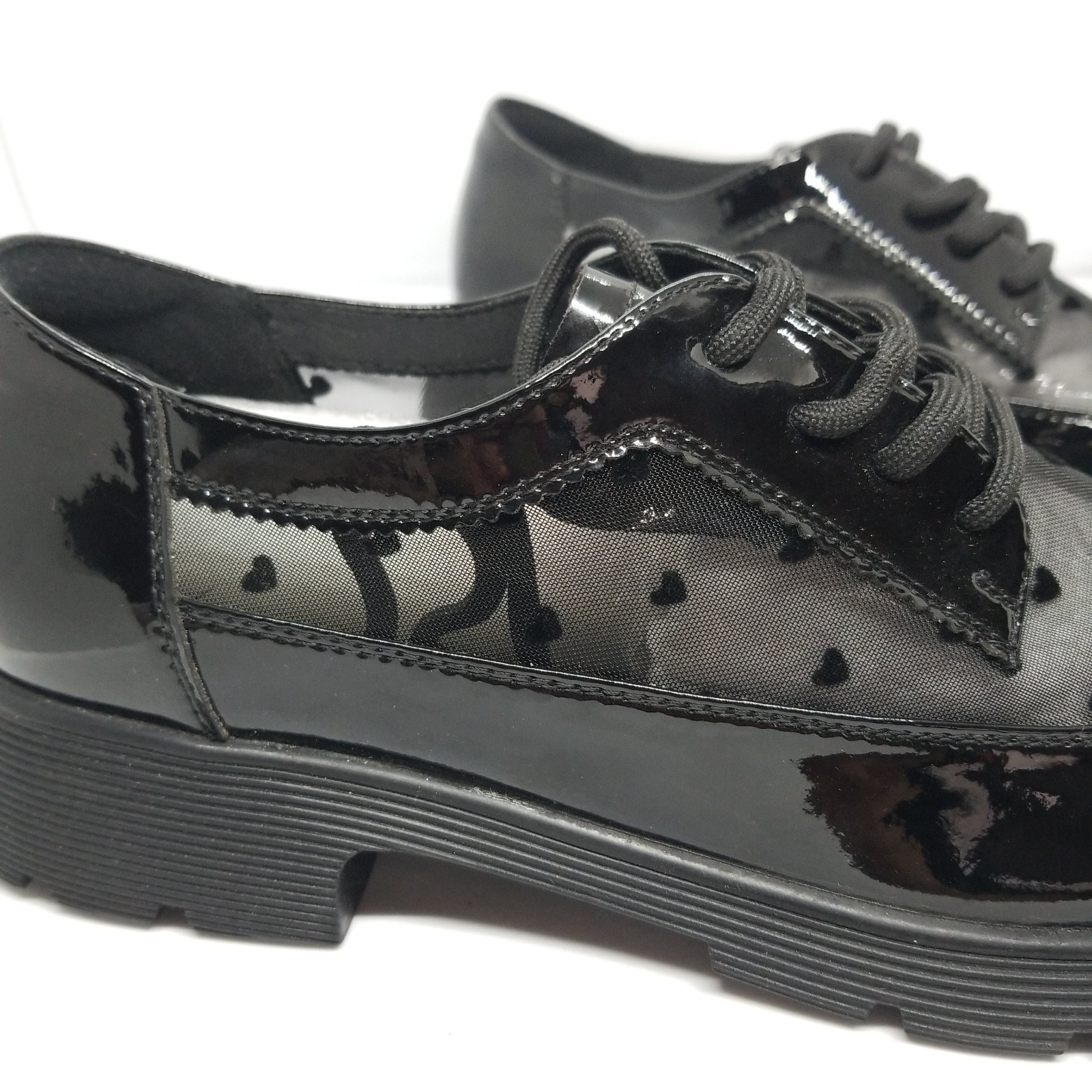 Size 8 Black Man Made Leather Black &Sheer Hearts Oxford Shoes Grunge