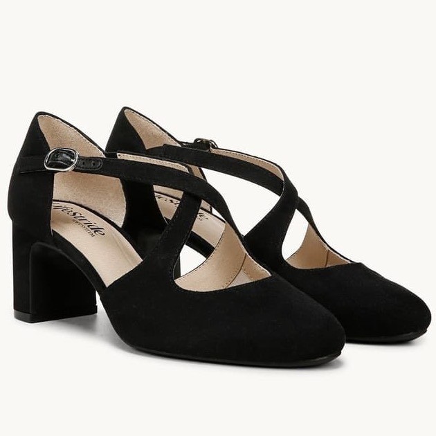 LifeStride Tracy Black Micro Strappy Pump Block Heel Almond Toe Shoes 8.5W wide