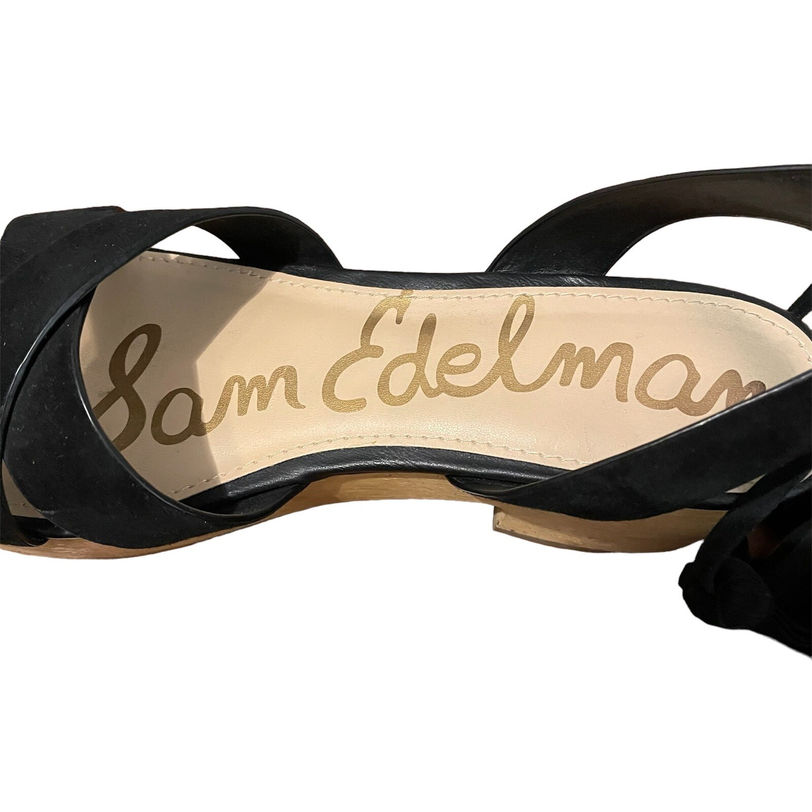 Sam Edelman 7 Jenna Sandals Black Ankle Straps Wooden Heel Platform Suede Boho