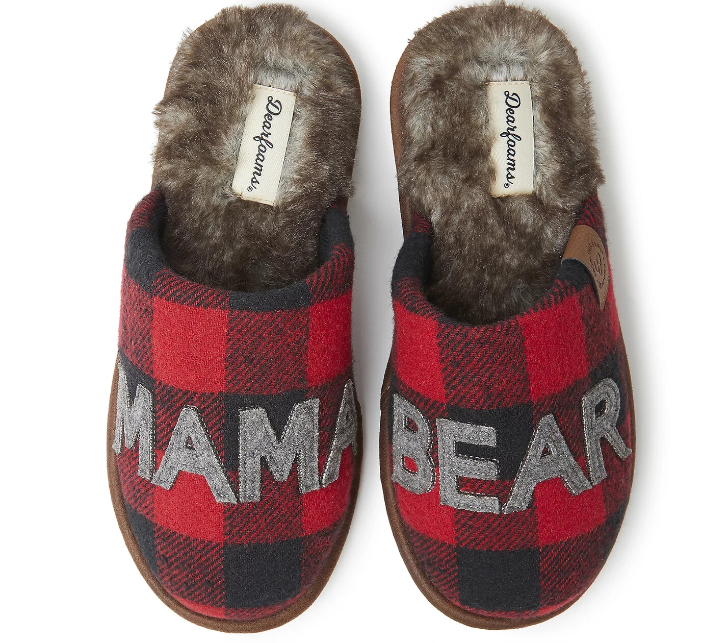 Dearfoams Christmas Gifts Mom Cute Gray & Red Plaid NEW 5-6 Mama Bear Slippers