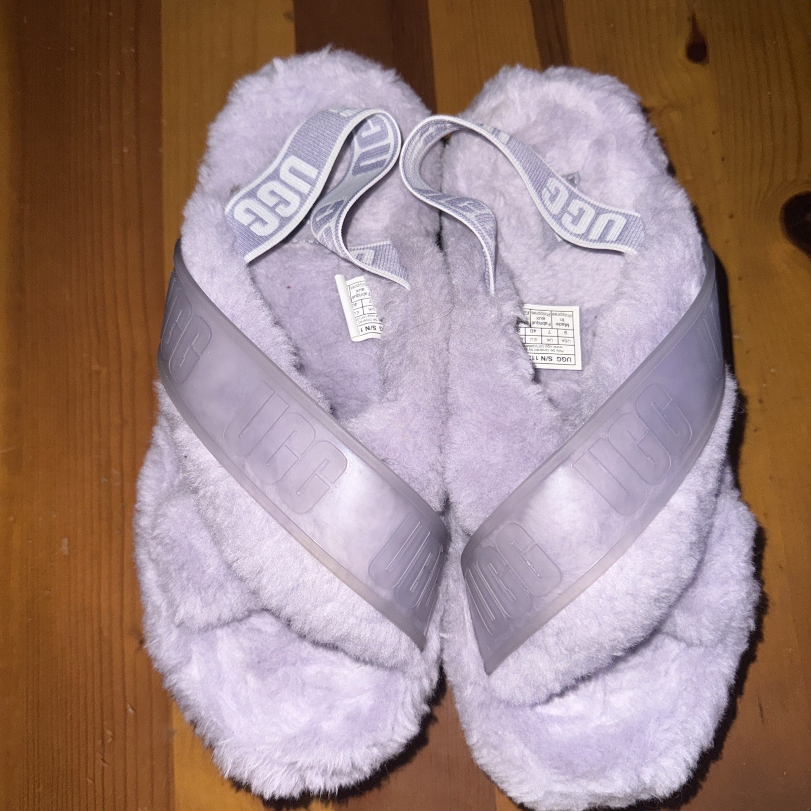 UGG FUZZITA RARE COLOR LILAC CLEAR FLUFF SLIDE PLATFORM SANDALS 9