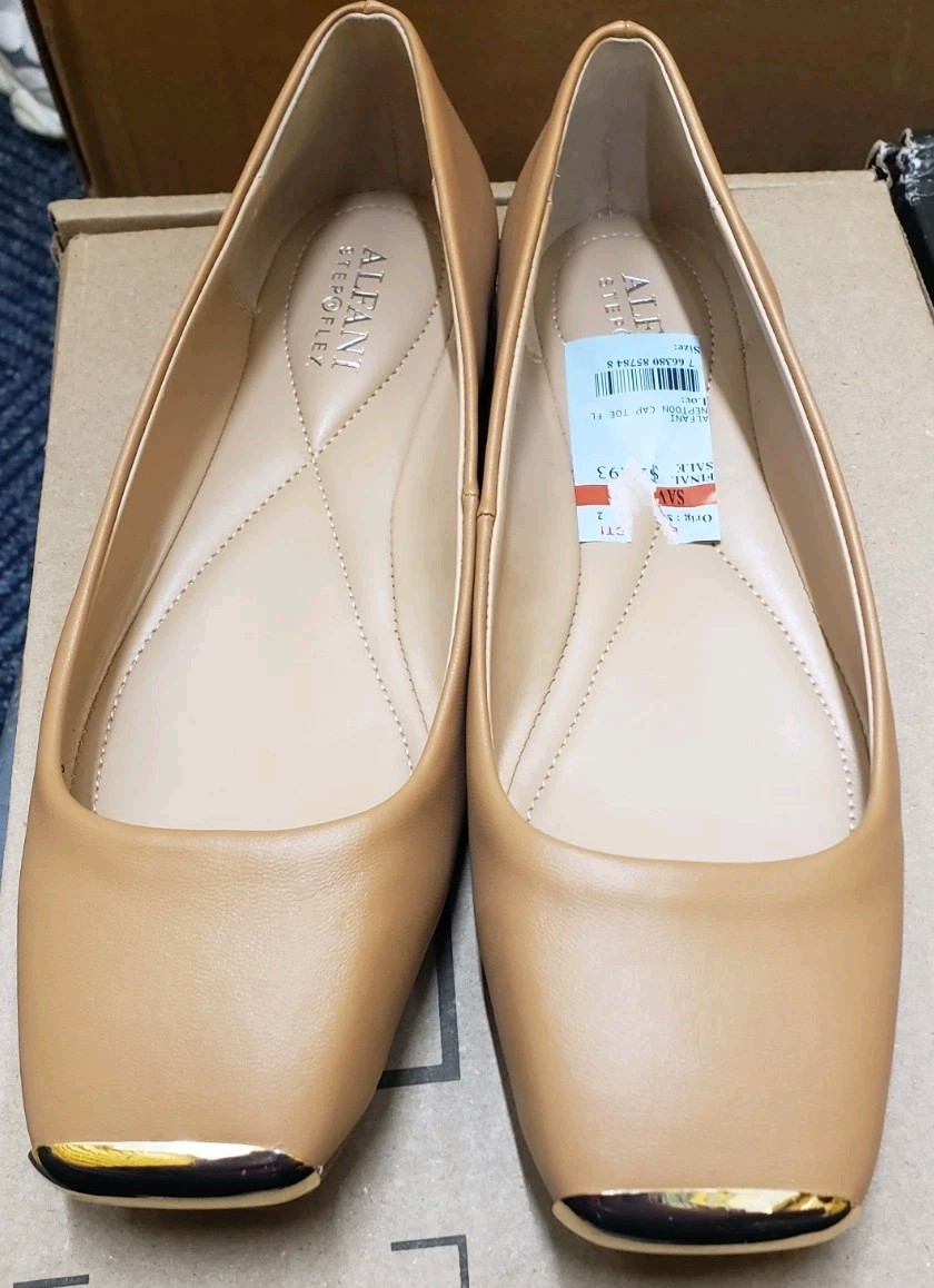 Alfani Women’s Tan Flats Metallic Cap Toe Square Toe Size 6.5 Synthetic Upper