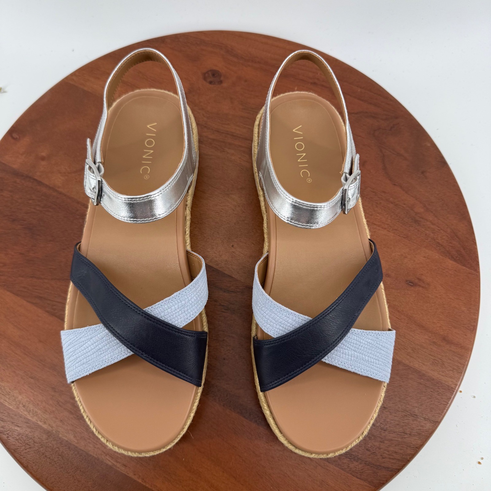 Vionic Mar Navy Multi Leather Platform Espadrille Orthotic Sandals Womens 11M