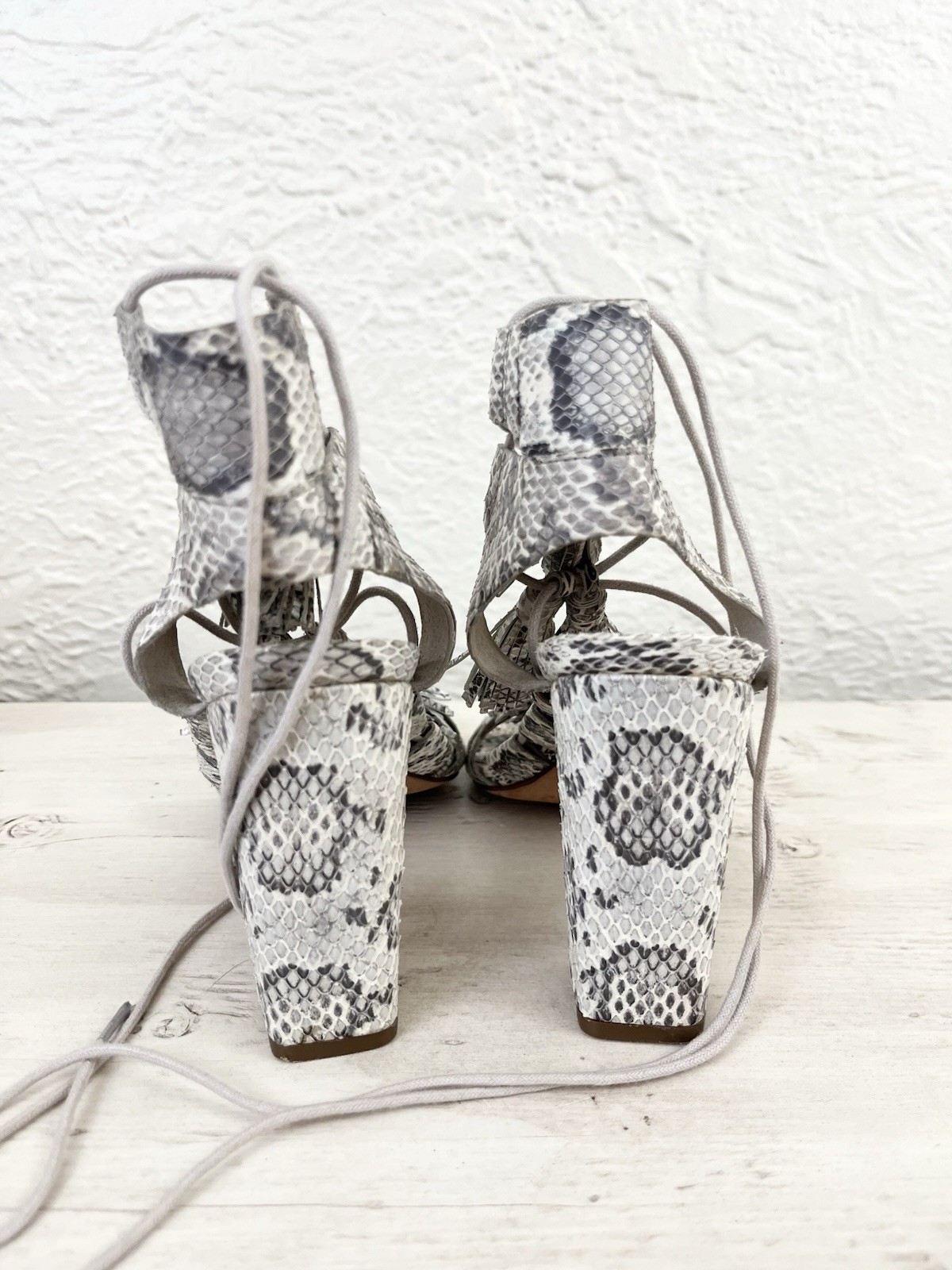 Loeffler Randall Heels Leather Cream Gray Snakeskin Snake Tassels size 7.5