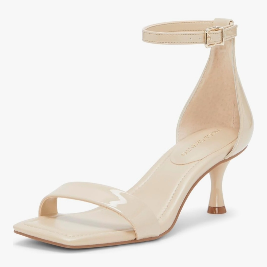 Vince Camuto Sz 5.5M Vinkely Square Toe Kitten Heel Sandals Café Patent Leather