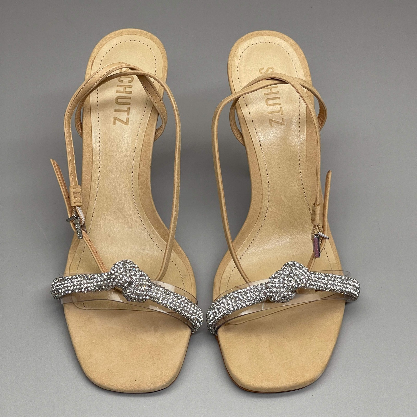SCHUTZ Peaky Nubuck & Vinyl Multimaterial Women’s Sandal Heel Light Nude Sz 6.5B