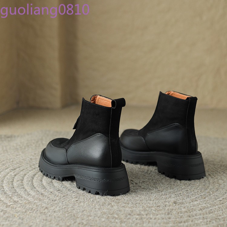 Women’s Leather Ankle Boots Round Toe Shoes Block Heel Zip Platform Fashion OL