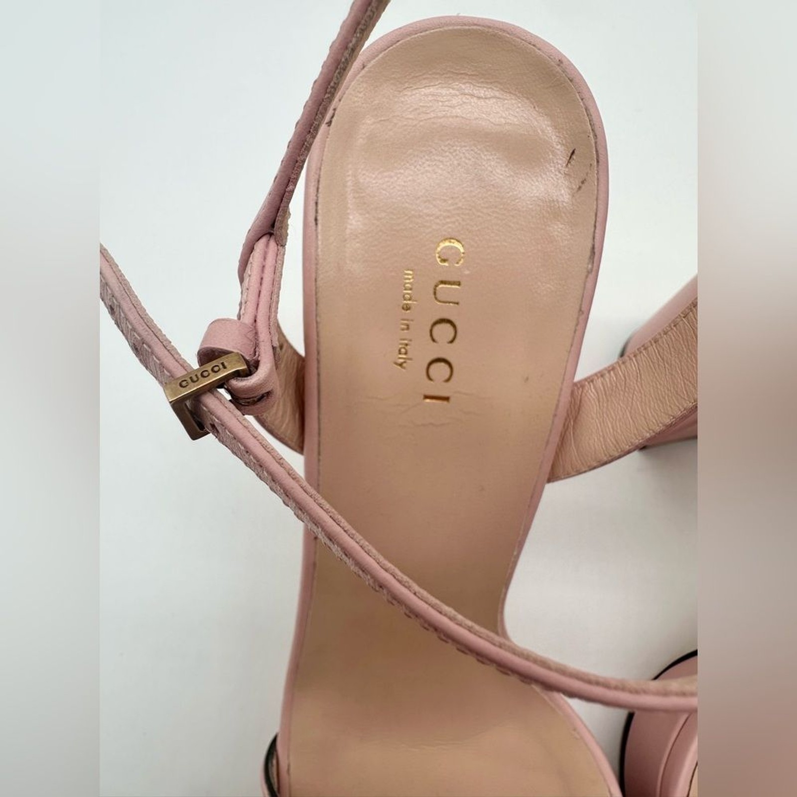 Gucci GG Marmont Platform Sandals Pink Block High Heel Ankle Strap EU 38 US 38