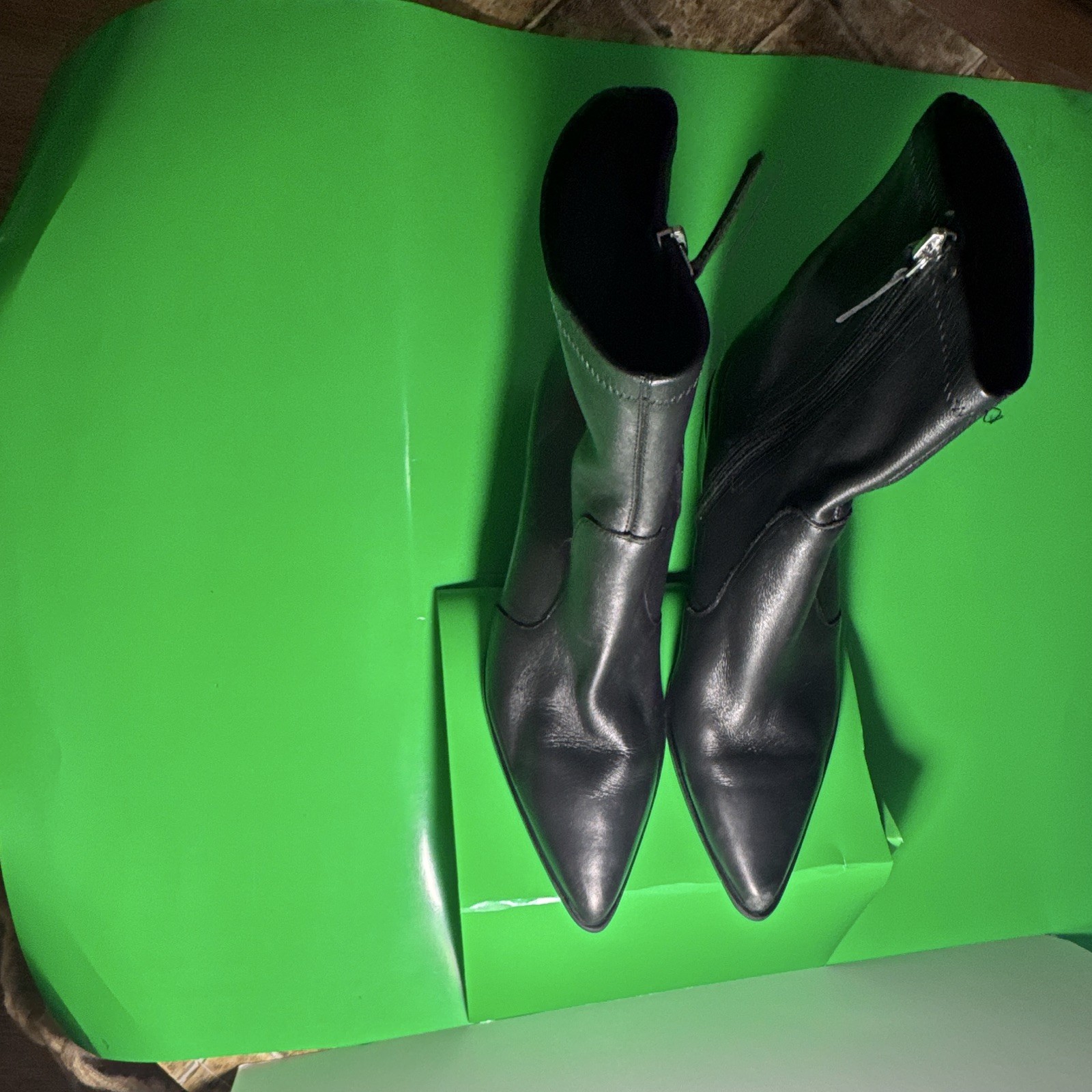 Zara Women’s Black Leather Pointed Toe Ankle Boots Zip Block Heel US 10