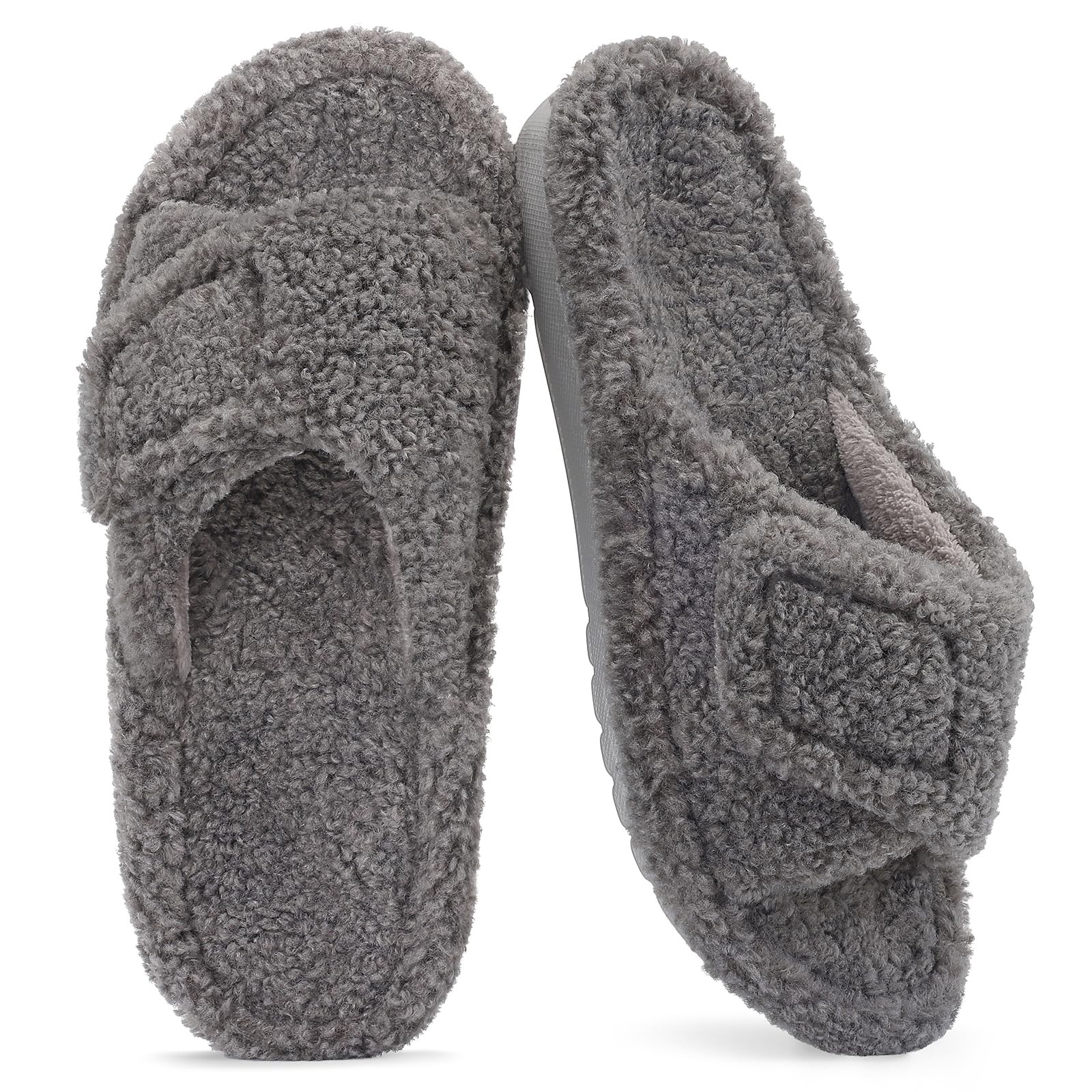 Litfun Womens Fuzzy Arch Support Slippers 5.5-6 Women/4-4.5 Men, Grey Nubby