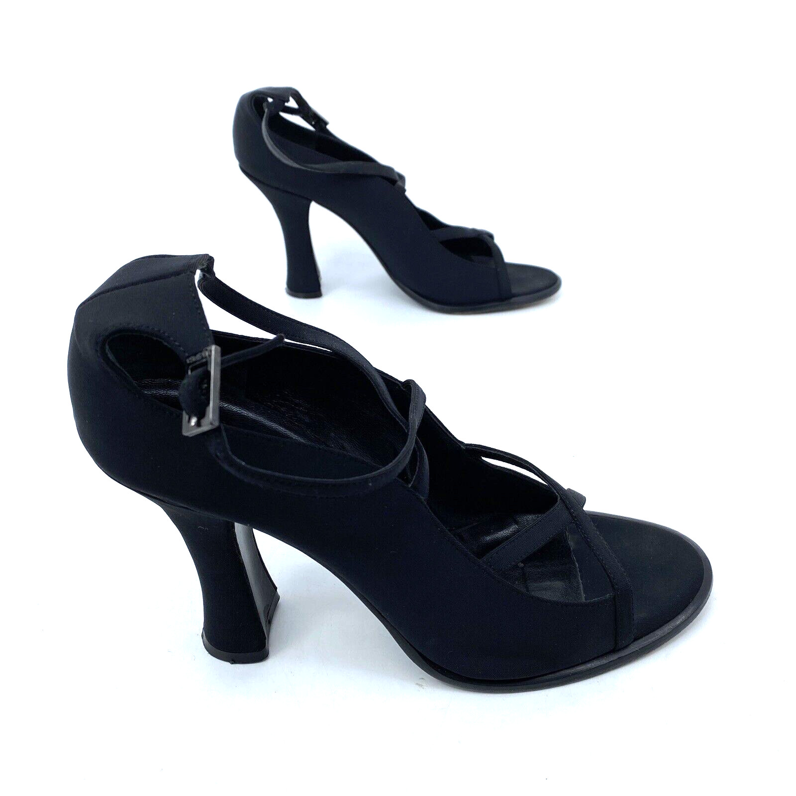 Womens 7.5 M Via Spiga Cage Black Satin Strappy Sandals 3.25″ Heel Made in Italy