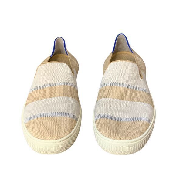 Rothy’s Birch Stripe Slip On Sneaker in tan, blue silver and white. Size 10