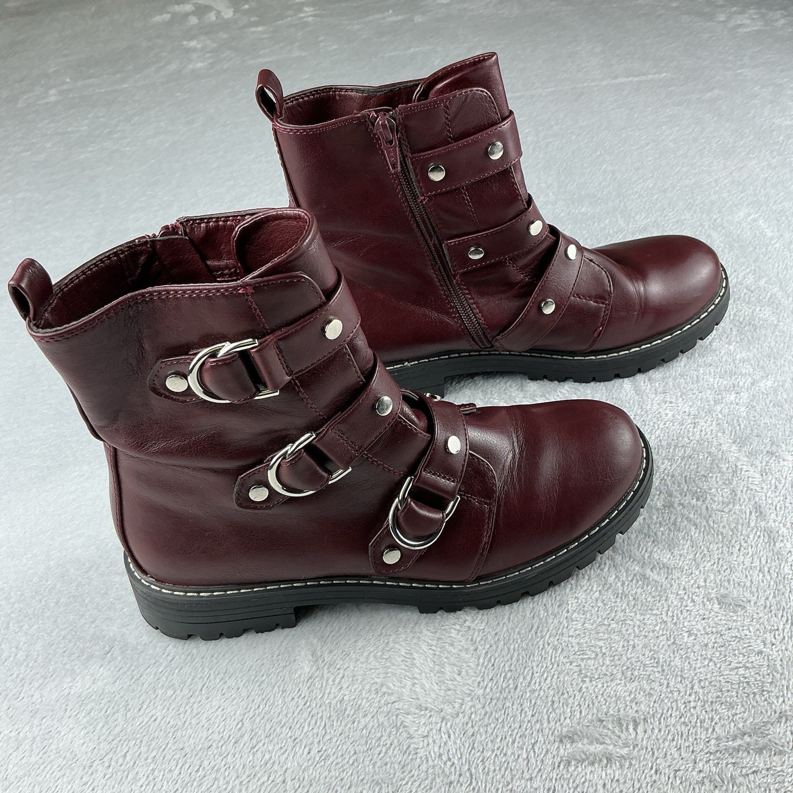 So Wine Red Zipper Faux Leather Combat Boots with Straps Womens Size 9.5 Med.