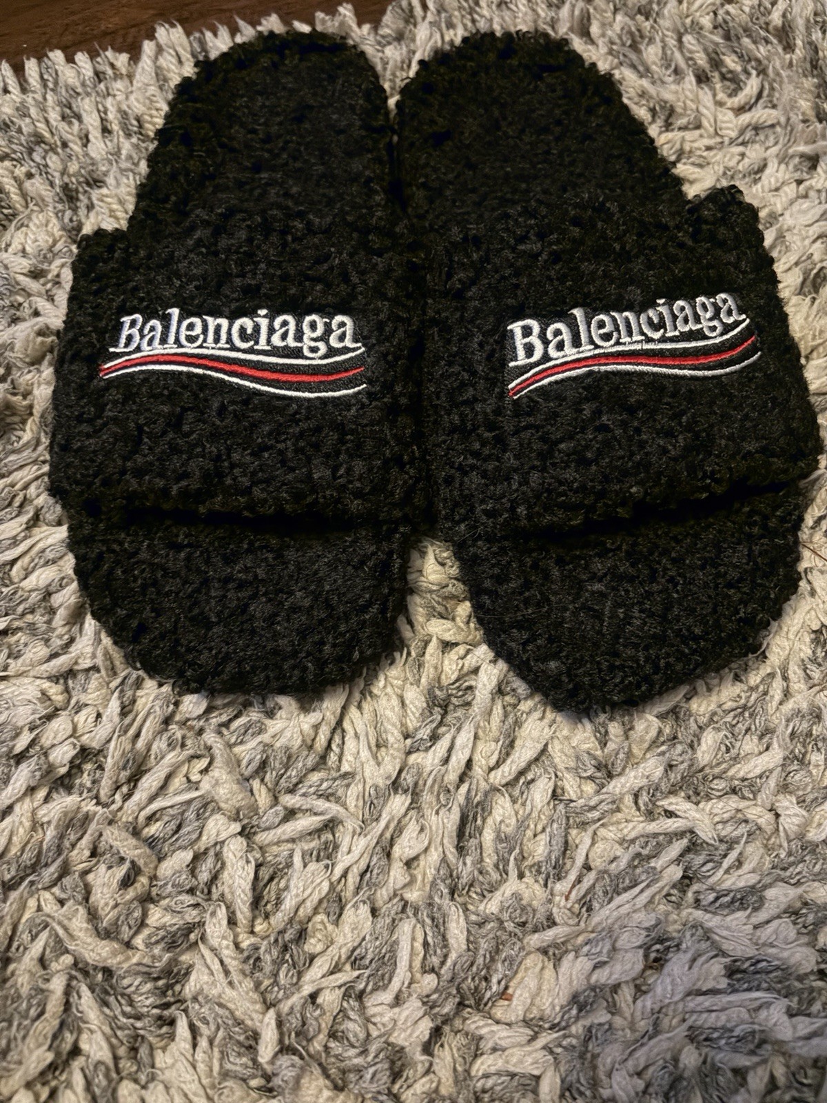 Balenciaga Black Wool Logo Slide Sandals Slip On New w/ Box EU 44