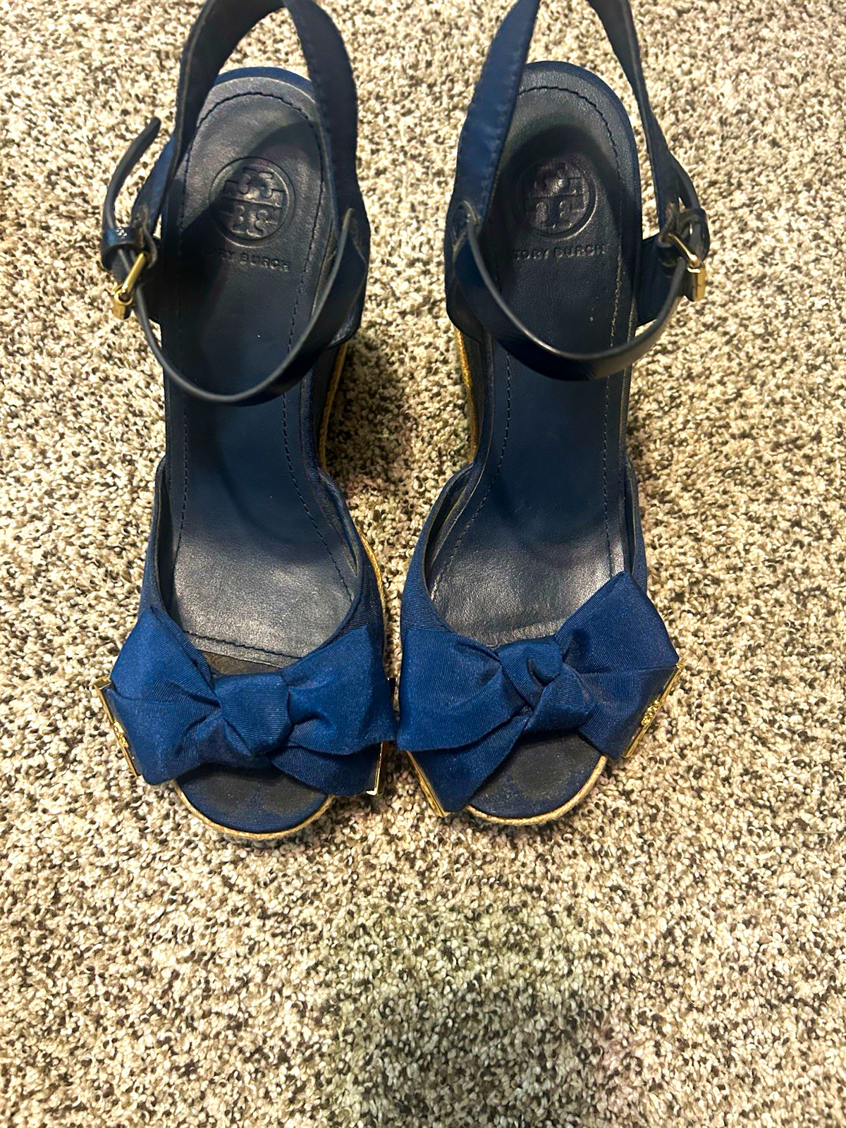 Tory Burch Blue Wedge Ankle Strap Sandals Bow Logo Buckle Women’s US 8