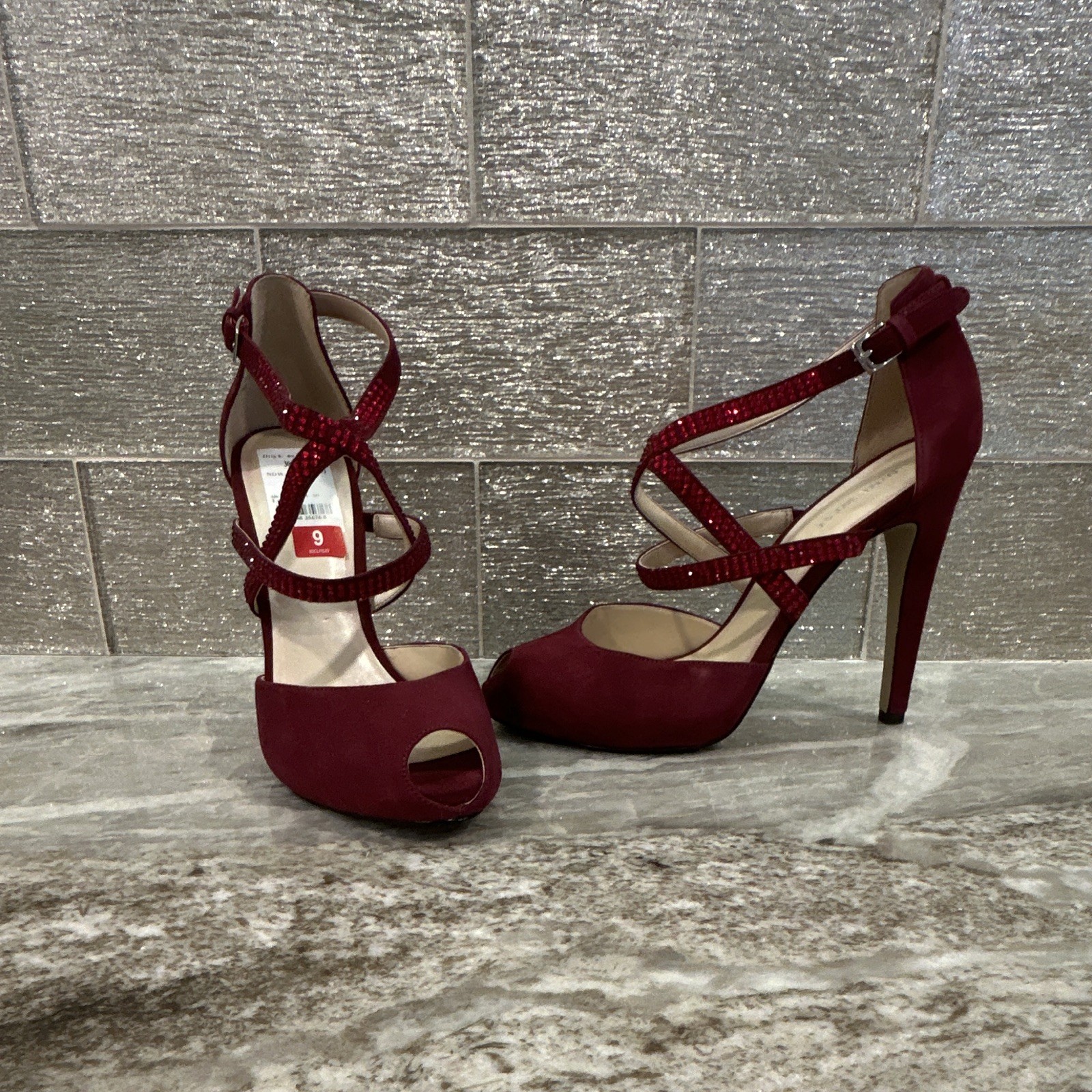 Nine West Burgundy Faux Suede Strappy Peep Toe Buckle Stiletto Heels 9 M