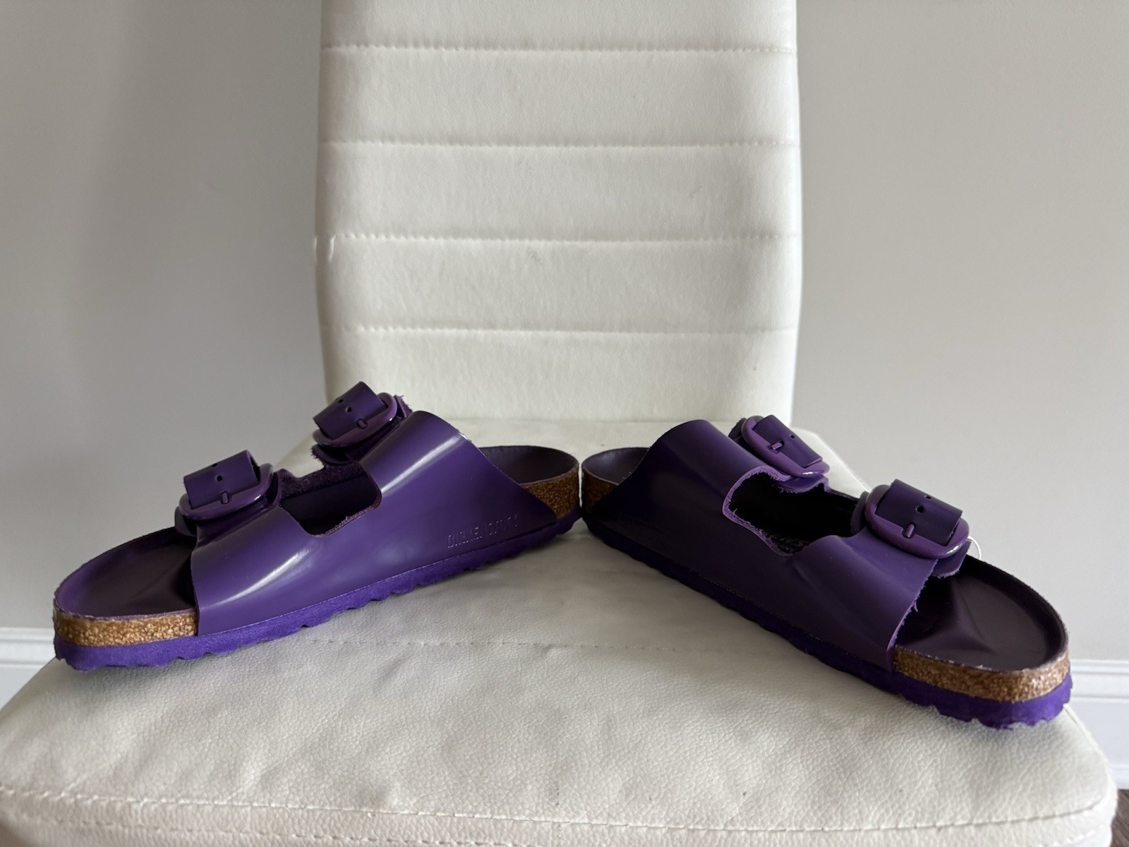 BIRKENSTOCK LEATHER SHINY DOUBLE BUCKLE SLIDE ON SANDALS SIZE 37 GERMANY