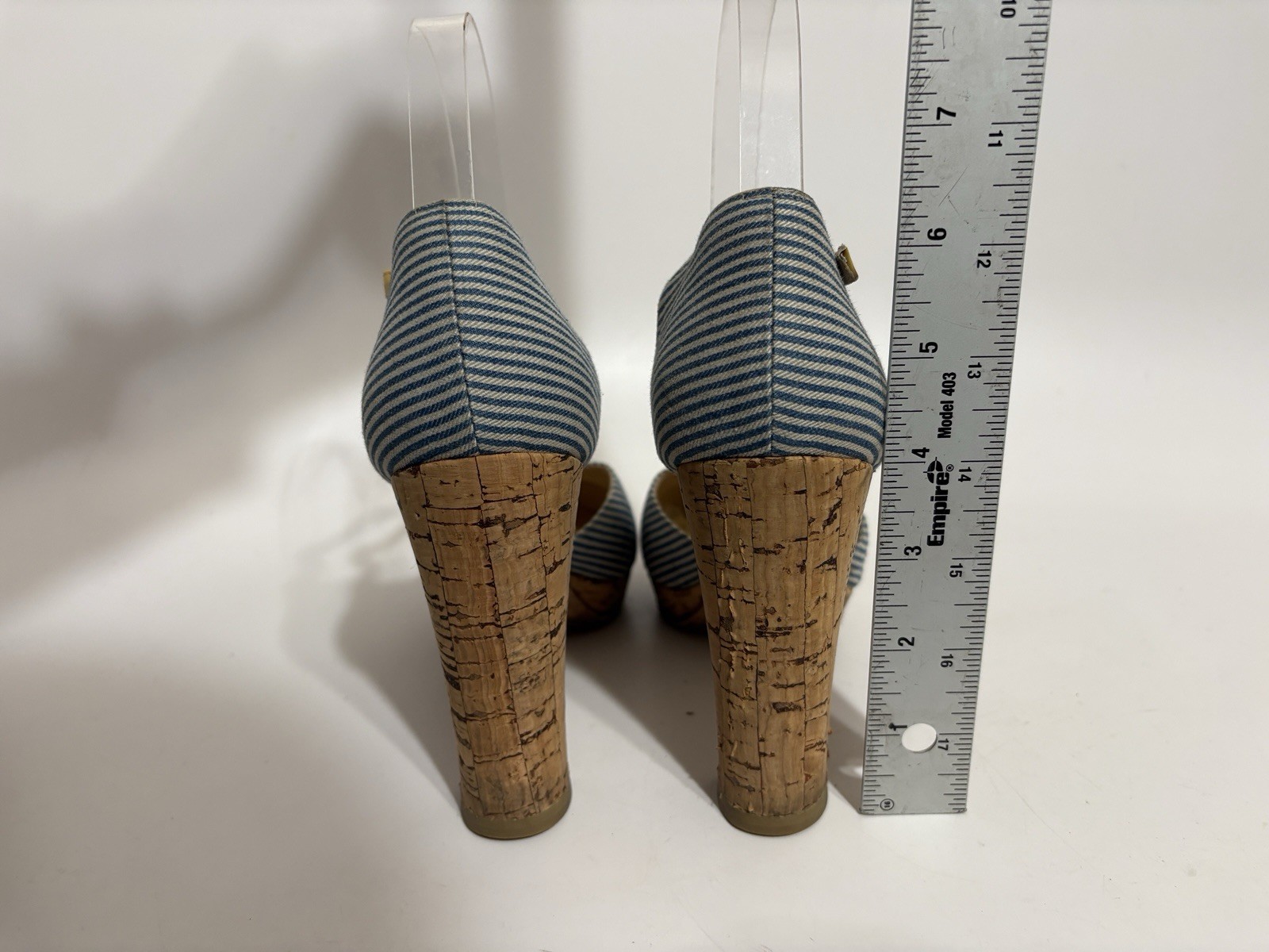 Vtg Chanel Blue CC Logo Striped Platform Heels 37