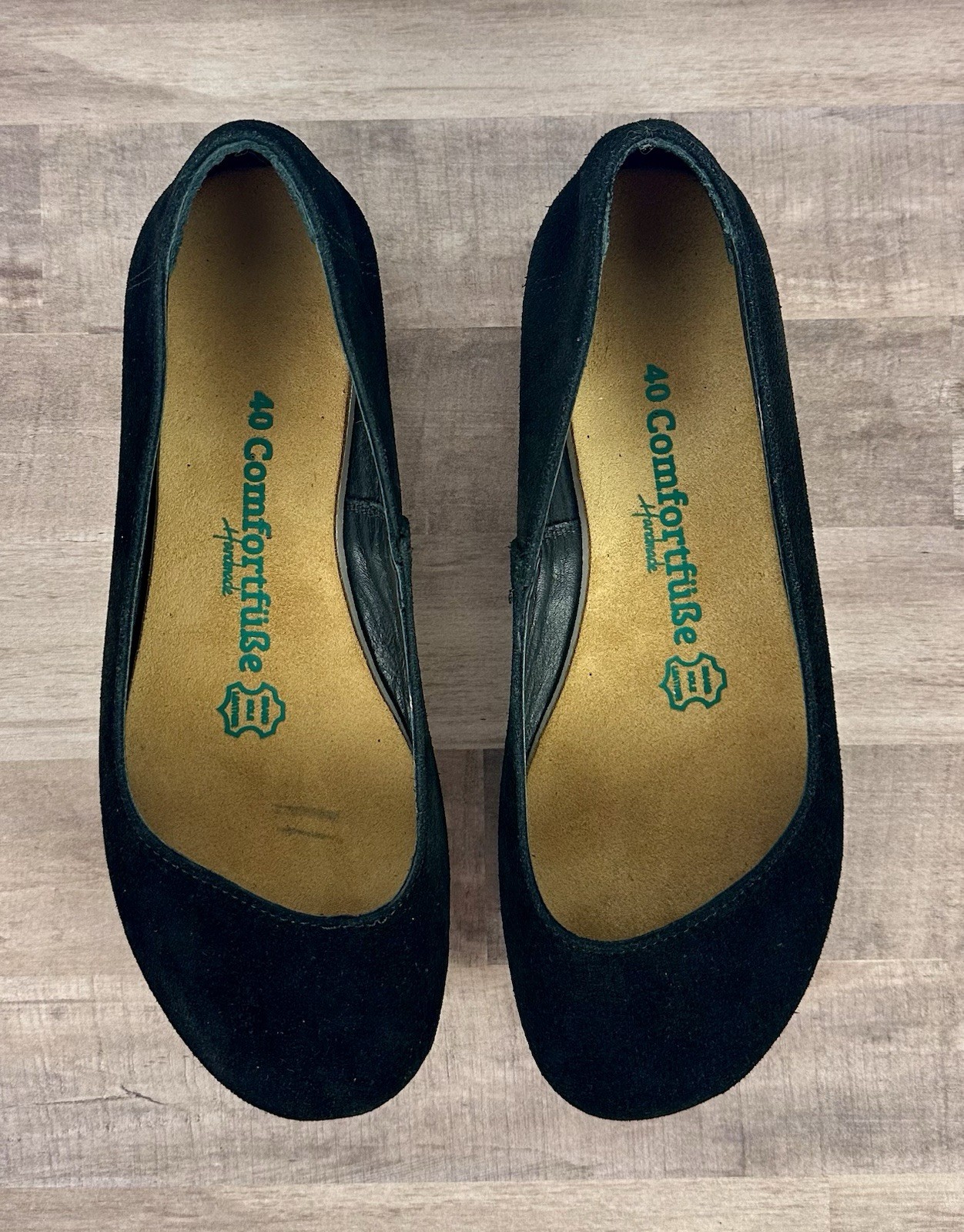 COMFORTFUSSE Velda Black Suede Handmade Slip On Flat Size 40 US 9.5 Cork Sole