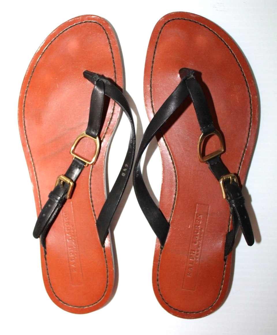 Ralph Lauren Collection Black Leather Thong Sandals Gold Stirrup Size 6.5B