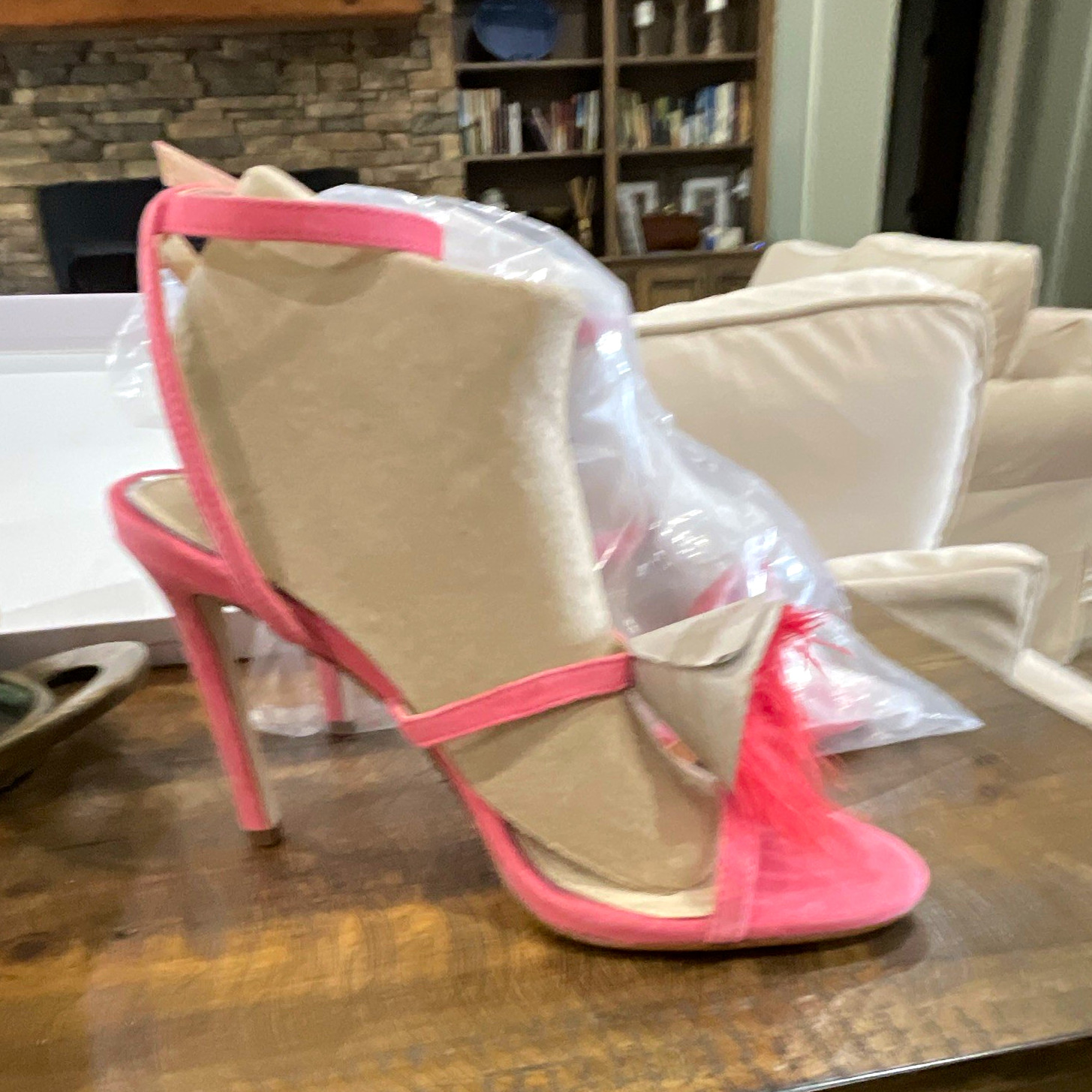 Jessica Simpson Pink Feather Strappy Open Toe Stiletto Heel 8.5M Buckle