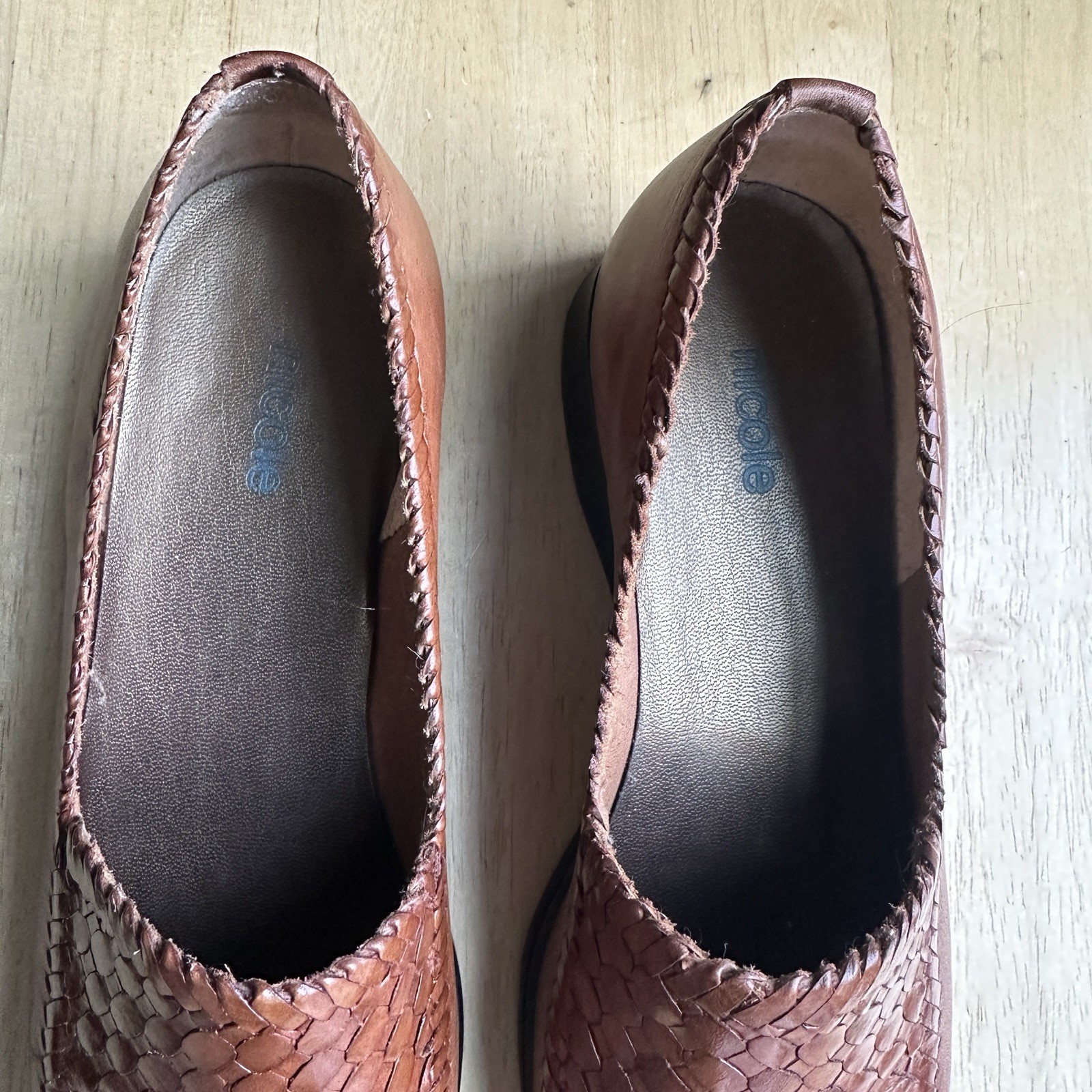 Nicole Slip-on Shoes Women’s Size 7.5 Brown Leather Woven Square Toe Brazil