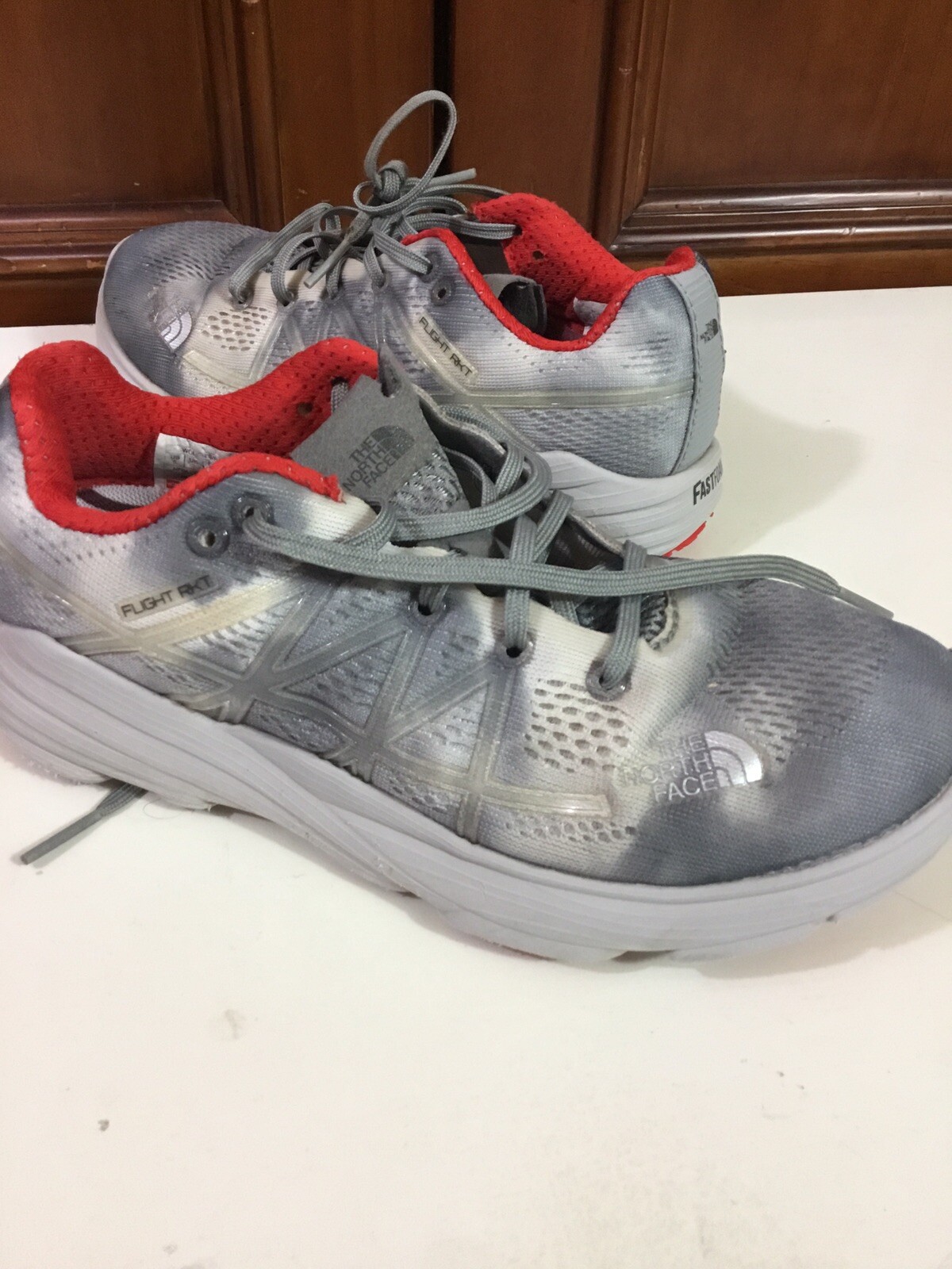 womens the north face sneakers size 5 flight rkt gray, white, red euc as picture