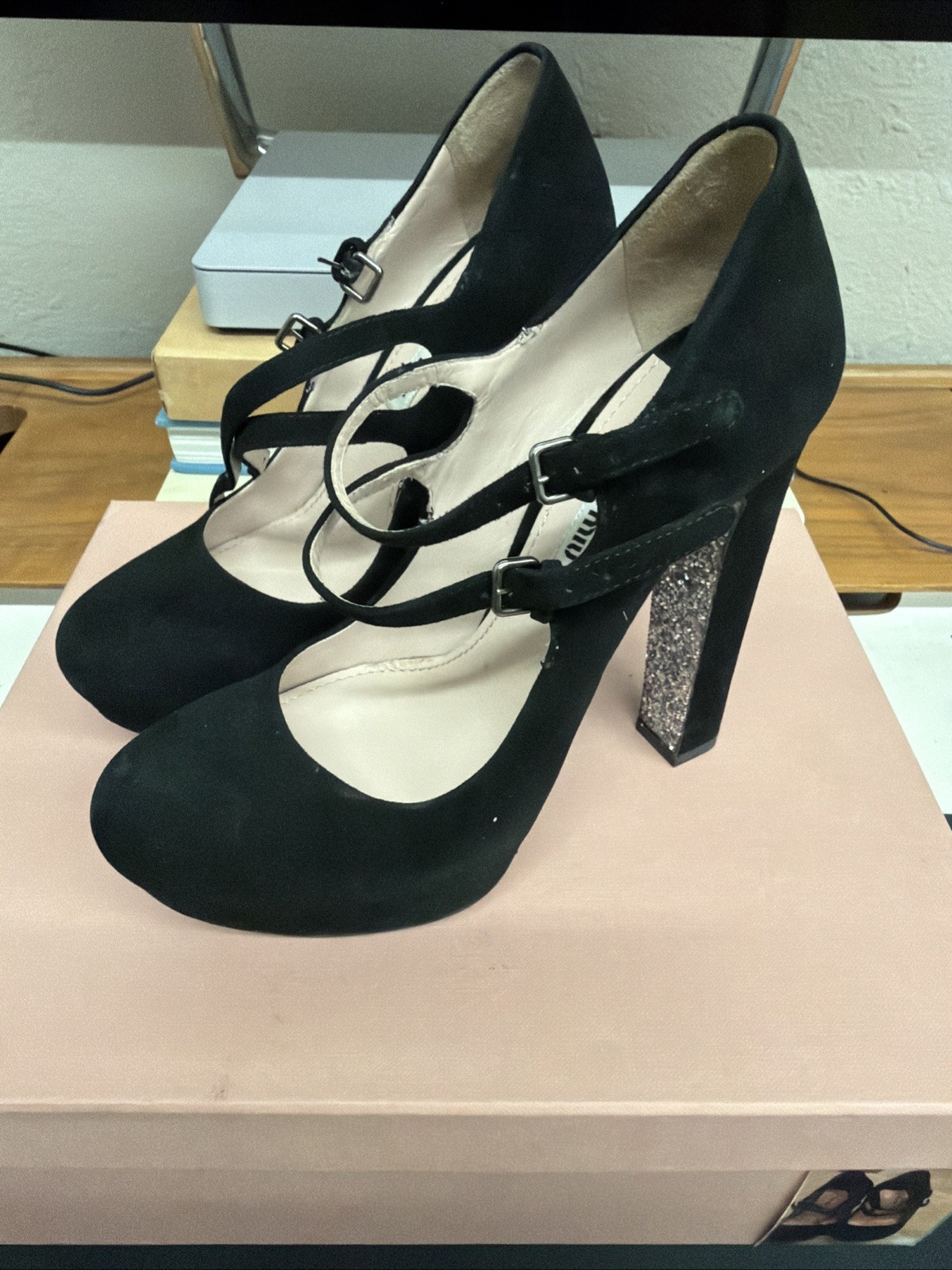 Miu Miu Black Suede Glitter Sole Mary Jane Heels, Size 36 With Box
