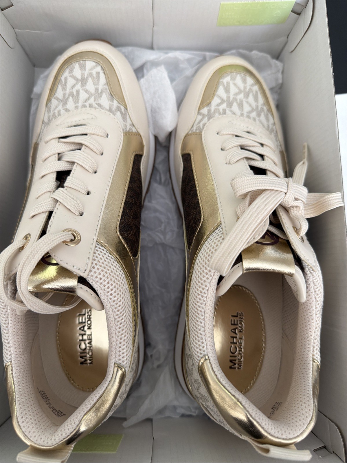 Michael Kors Brown And Beige And Gold Tennis Shoes Size 8 1/2 Women. Wilma Train