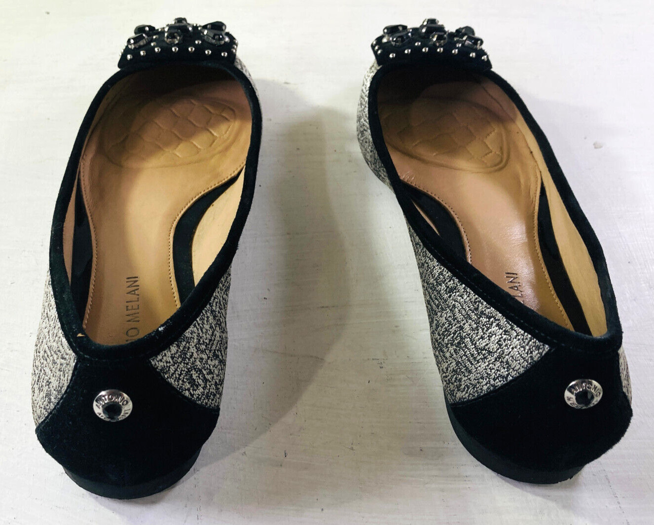 Antonio Melani Black & Silver Flats Silver Studs & Large Black Rhinestones Sz 9