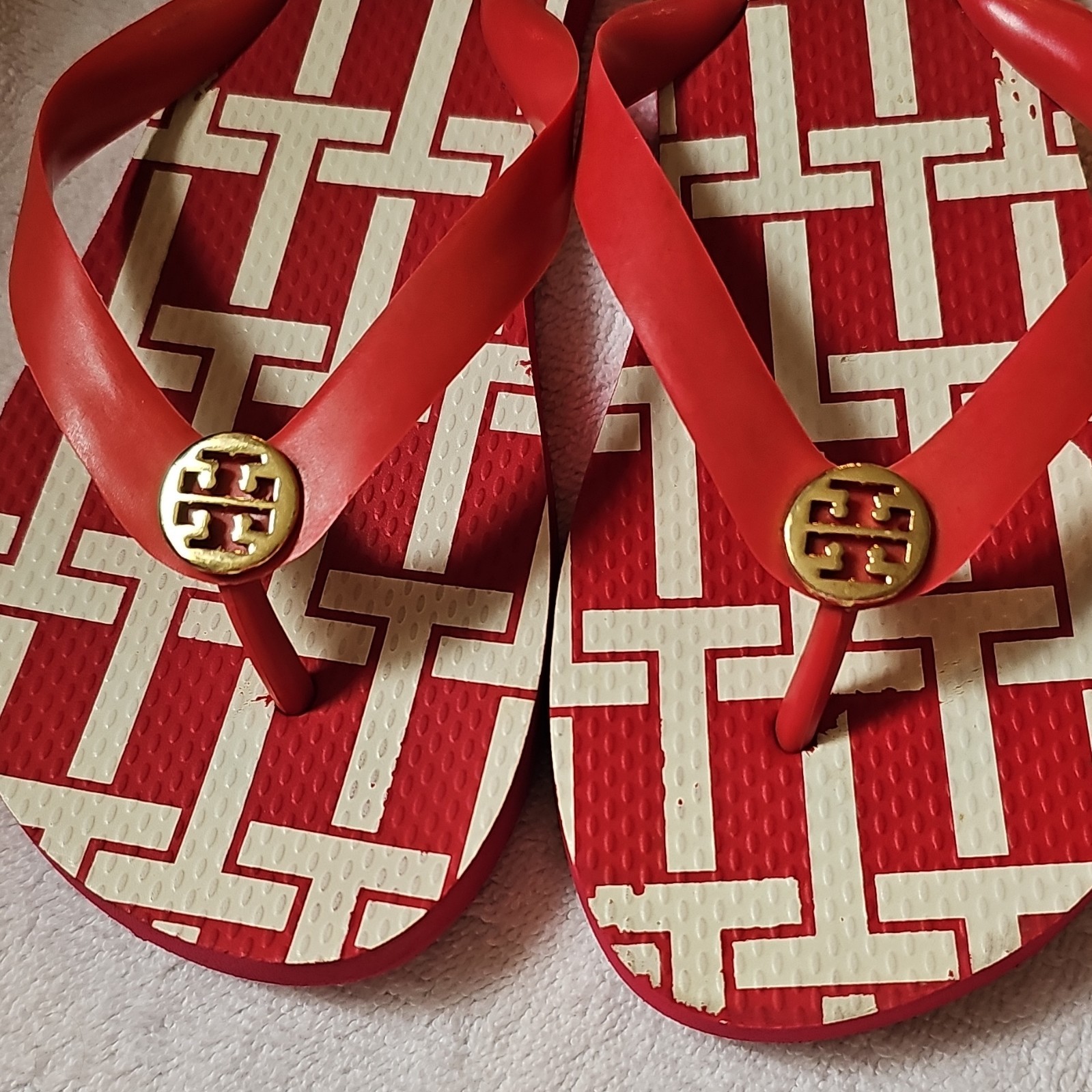 Tory Burch Red/White Logo Geometric Flip Flop Sandals Womens US 7 Rubber