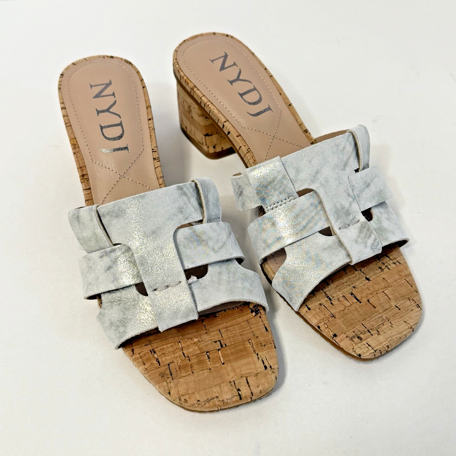 NYDJ Gloriana Slide Sandal Woven Block Heel Mule Pewter Metallic Gray Suede Sz 7
